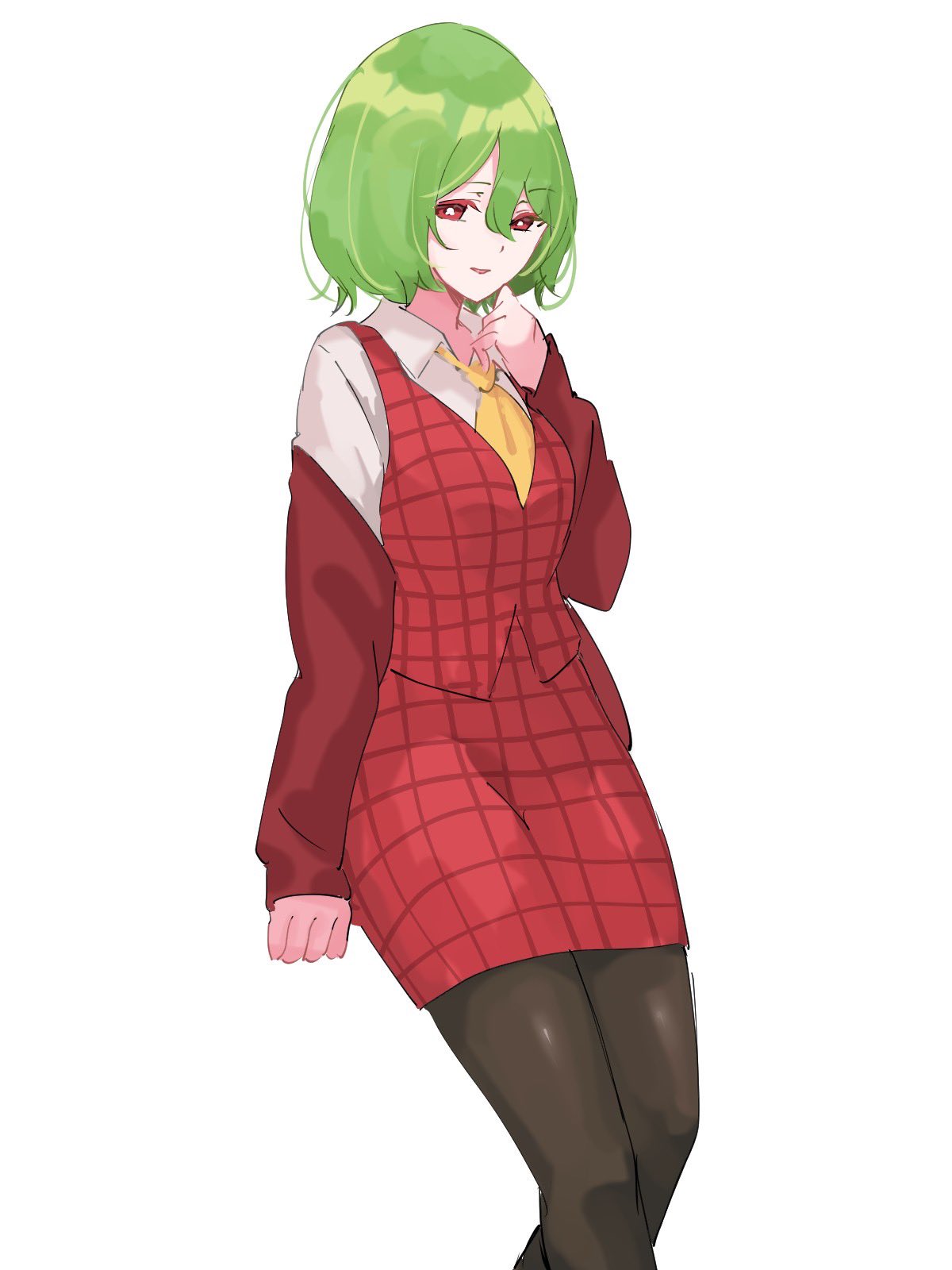 1girl ascot black_pantyhose collared_shirt commentary green_hair highres kazami_yuuka long_sleeves looking_at_viewer pantyhose plaid plaid_skirt plaid_vest red_eyes red_skirt red_vest shirt short_hair simple_background skirt smile solo tohoyuukarin touhou vest white_background white_shirt yellow_ascot