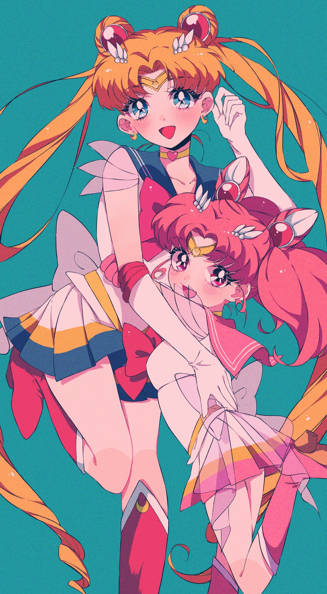 2girls back_bow bishoujo_senshi_sailor_moon blonde_hair blue_eyes blush boots bow breasts choker crescent crescent_earrings double_bun earrings elbow_gloves gloves hair_bun hair_ornament heart heart_choker high_heel_boots high_heels highres hug jewelry leg_up long_hair looking_at_viewer medium_hair miniskirt multicolored_clothes multicolored_skirt multiple_girls pink_eyes pink_footwear pink_hair pleated_skirt red_footwear rumic_0620 sailor_chibi_moon sailor_collar sailor_moon sailor_senshi sailor_senshi_uniform simple_background skirt smile standing standing_on_one_leg super_sailor_chibi_moon super_sailor_moon tiara twintails very_long_hair white_gloves yellow_choker