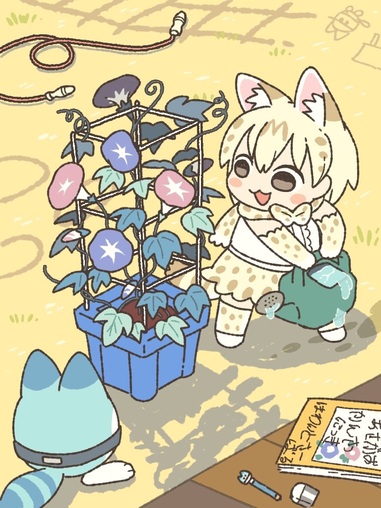 1girl :3 :d animal_ear_fluff animal_ears blonde_hair bow bowtie brown_eyes chibi commentary_request diary elbow_gloves eraser extra_ears flower flower_pot full_body gloves holding holding_watering_can jump_rope kemono_friends kemono_friends_3 kuro_shiro_(kuro96siro46) lucky_beast_(kemono_friends) morning_glory multicolored_hair open_mouth outdoors pen pink_flower plant potted_plant print_bow print_bowtie print_gloves print_skirt purple_flower serval_print shirt short_hair skirt smile solo standing tail thigh-highs water watering watering_can white_serval_(kemono_friends) white_shirt yellow_gloves yellow_skirt