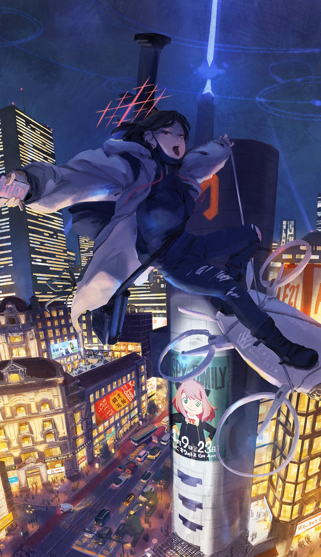 ad anya_(spy_x_family) bag black_hair blue_archive breasts building cellphone city cityscape drone ear_piercing halo highres hood hooded_jacket hoodie industrial_piercing jacket long_sleeves mask mask_pull messenger_bag misaki_(blue_archive) mouth_mask pants phone piercing red_eyes short_hair shoulder_bag skyscraper smartphone spy_x_family torn_clothes torn_pants traffic white_jacket wire ye_fan