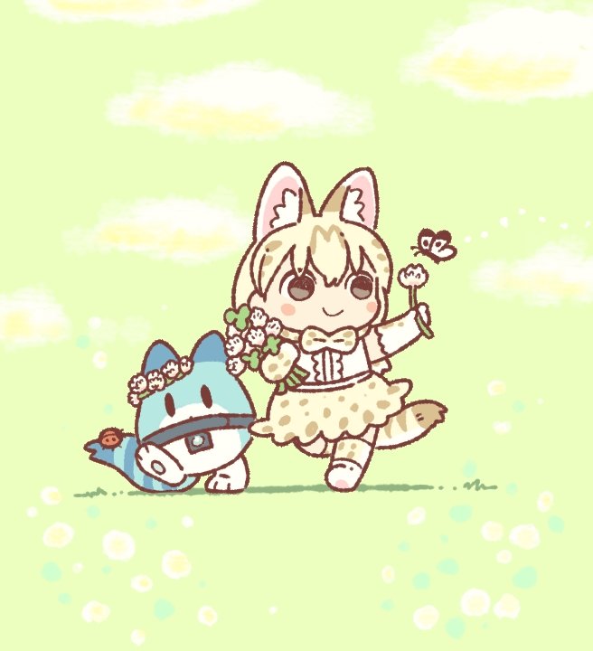 1girl animal_ear_fluff animal_ears blonde_hair bouquet bow bowtie bug butterfly chibi clouds commentary_request elbow_gloves extra_ears flower full_body gloves grass head_wreath holding holding_bouquet holding_flower kemono_friends kemono_friends_3 kuro_shiro_(kuro96siro46) ladybug lucky_beast_(kemono_friends) multicolored_hair outdoors print_bow print_bowtie print_skirt serval_print shirt short_hair skirt sleeveless smile solo tail walking white_flower white_serval_(kemono_friends) white_shirt yellow_gloves yellow_skirt