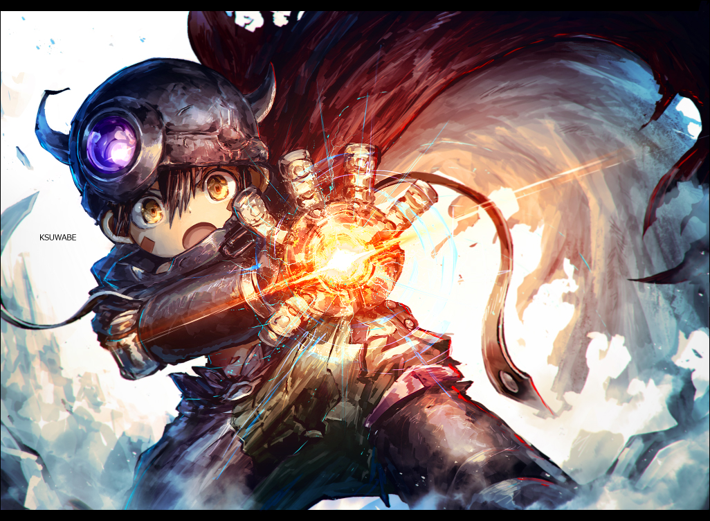 1boy aiming aiming_at_viewer artist_name black_cape brown_hair brown_pants cape commentary_request dust_cloud fake_horns floating_cape glowing hair_between_eyes helmet horned_helmet horns k-suwabe looking_at_viewer made_in_abyss male_focus mechanical_arms on_one_knee open_hand open_mouth pants regu_(made_in_abyss) solo white_background yellow_eyes