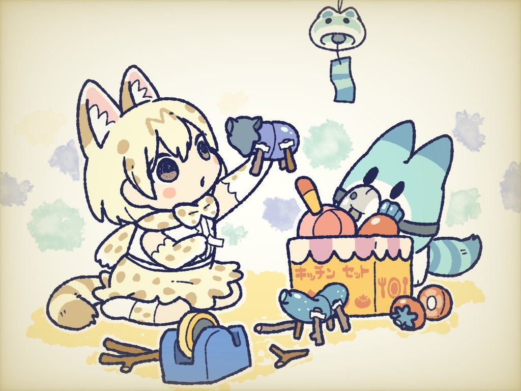 1girl animal_ears blonde_hair blush bow bowtie box branch brown_eyes carrot chibi commentary_request cucumber eggplant elbow_gloves extra_ears fish frying_pan full_body gloves hair_between_eyes holding holding_toy kemono_friends kemono_friends_3 kuro_shiro_(kuro96siro46) lucky_beast_(kemono_friends) open_mouth playing print_bow print_bowtie print_gloves print_skirt serval_print short_hair shouryouuma sitting skirt sleeveless solo tail toy white_serval_(kemono_friends) wind_chime