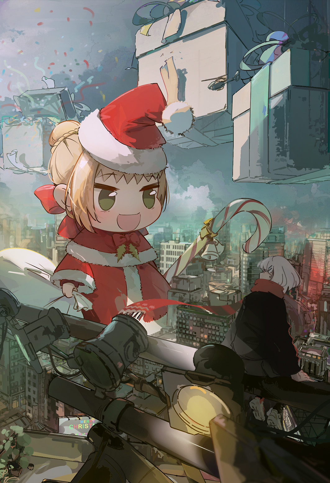 2girls aircraft arient5888 bell black_jacket blonde_hair bow bowtie box braid building candy candy_cane capelet chibi christmas cityscape commentary confetti dress english_text fate/extra fate_(series) food french_braid fur-trimmed_capelet fur-trimmed_dress fur-trimmed_headwear fur_trim giant giantess gift gift_box green_eyes hair_bun hair_ornament hairclip hat helicopter highres holding holding_candy holding_candy_cane holding_food holding_sack jacket light long_sleeves looking_afar looking_at_another medium_hair meme merry_christmas multiple_girls nero_claudius_(fate) nero_claudius_(fate/extra) open_mouth outdoors padoru_(meme) red_bow red_bowtie red_capelet red_dress red_eyes red_headwear red_scarf sack santa_costume santa_dress santa_hat scarf shoes sidelocks single_hair_bun sitting smile sneakers white_footwear white_hair wide_sleeves