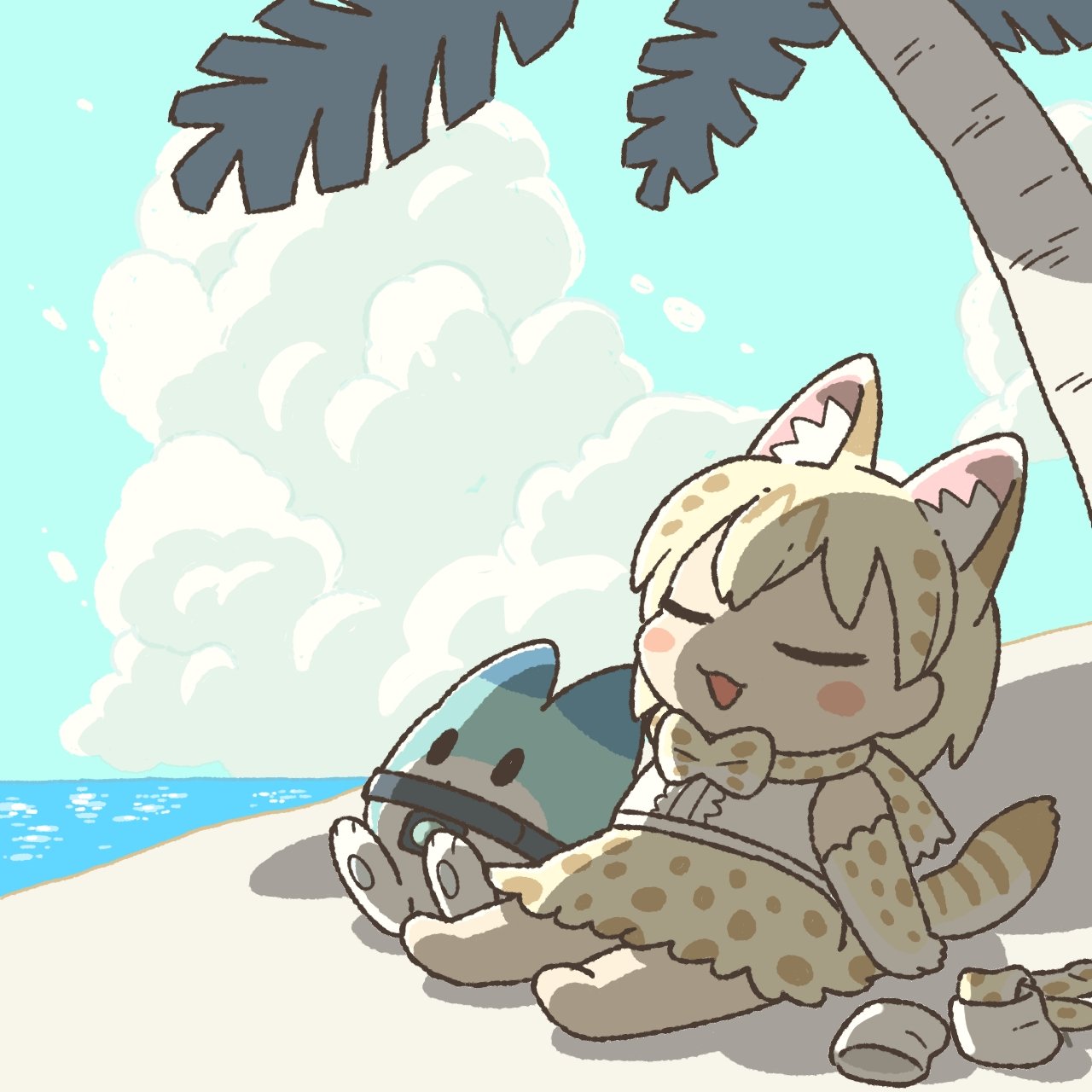 1girl :d animal_ears beach blonde_hair blue_sky blush bow bowtie chibi closed_eyes clouds commentary_request day extra_ears full_body gloves highres kemono_friends kemono_friends_3 kuro_shiro_(kuro96siro46) lucky_beast_(kemono_friends) multicolored_hair ocean open_mouth outdoors palm_tree print_bow print_bowtie print_gloves print_skirt serval_print shade shirt short_hair sitting skirt sky sleeveless sleeveless_shirt smile solo tail thighhighs_removed tree water white_serval_(kemono_friends) white_shirt yellow_gloves yellow_skirt