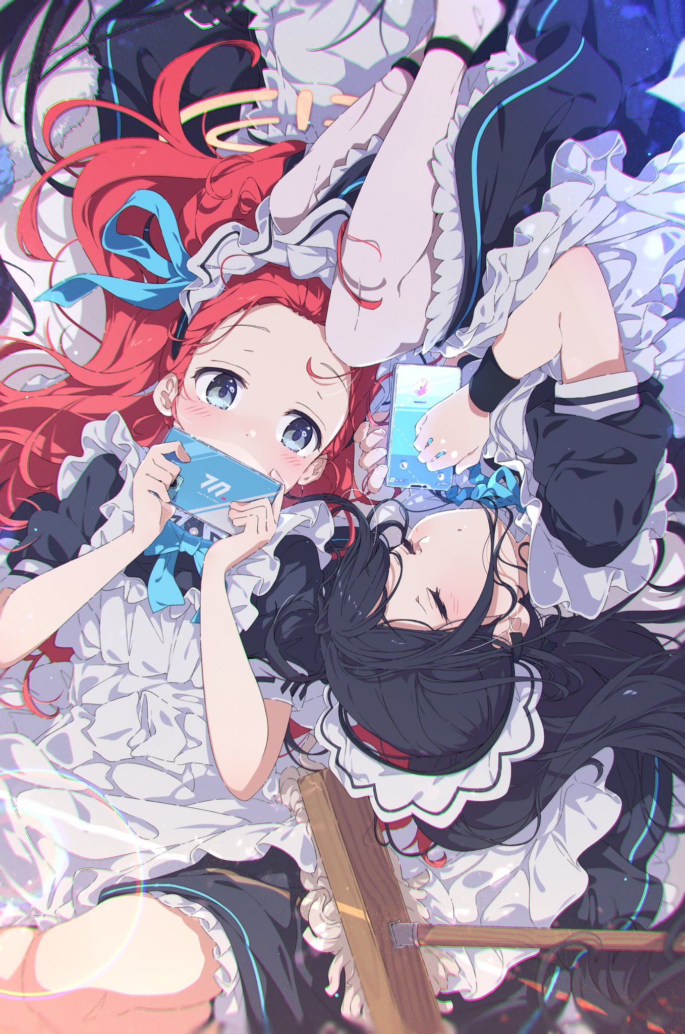 1girl apron aris_(blue_archive) aris_(maid)_(blue_archive) black_dress black_hair blue_archive blue_bow blue_eyes blush bow bowtie cellphone closed_eyes dress forehead frilled_apron frills halo highres long_hair lying maid maid_apron maid_headdress mop no_halo official_alternate_costume ogipote phone ponytail puffy_short_sleeves puffy_sleeves redhead ribbon short_sleeves sleeping smartphone solo very_long_hair white_apron yuzu_(blue_archive) yuzu_(maid)_(blue_archive)