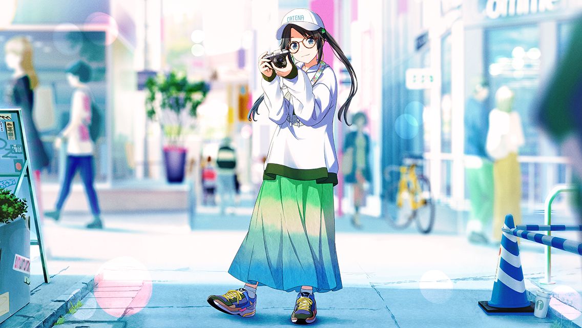 1girl baseball_cap black_hair blue_eyes blurry blurry_background bokeh brown-framed_eyewear camera camera_around_neck commentary day depth_of_field earrings full_body game_cg glasses hat holding holding_camera hood hoodie hoop_earrings idolmaster idolmaster_shiny_colors jewelry long_hair long_skirt looking_at_viewer mitsumine_yuika multicolored_clothes multicolored_footwear multicolored_skirt official_art outdoors parted_bangs road shoes skirt smile sneakers solo_focus standing street traffic_cone twintails white_headwear white_hoodie