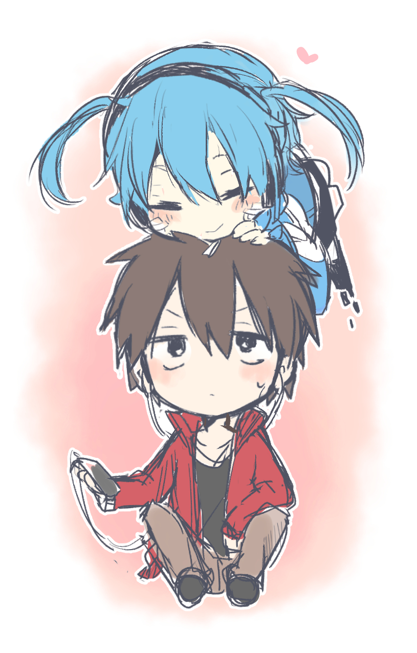1boy 1girl black_eyes black_hair black_shirt black_skirt blue_hair blue_jacket blush brown_jacket brown_pants casual chibi closed_mouth collarbone collared_jacket commentary_request cropped_legs digital_media_player double-parted_bangs earphones empty_eyes ene_(kagerou_project) expressionless facial_mark facing_another facing_down facing_viewer full_body gradient_background hair_between_eyes hand_on_another's_head headphones heart highres holding_digital_media_player jacket kagerou_project kisaragi_shintarou kyokutsuki long_sleeves looking_up miniskirt on_head pants pink_background pleated_skirt red_jacket sanpaku shirt short_hair single_stripe sitting sketch skirt smile striped striped_jacket sweat t-shirt track_jacket white_background white_stripes