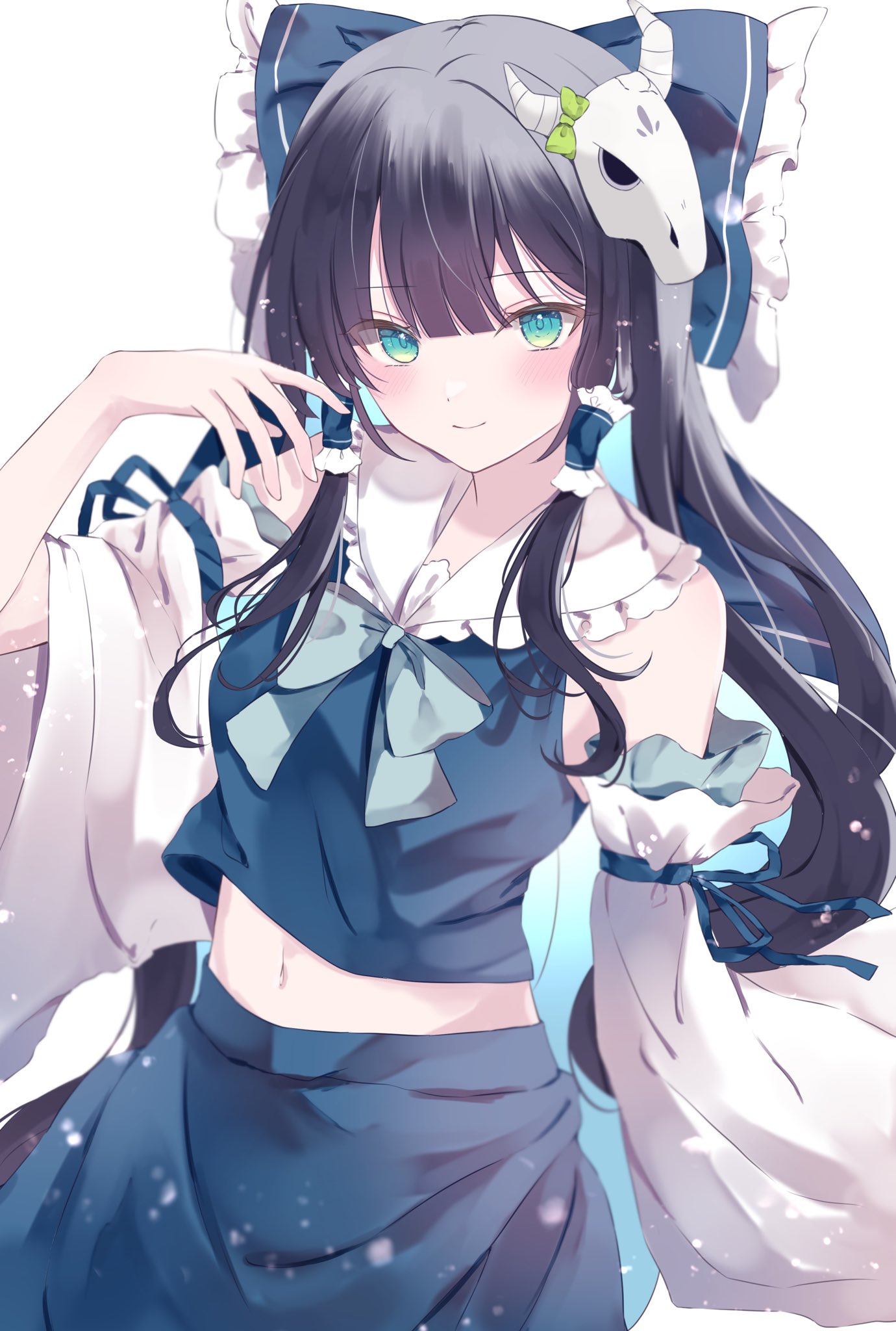 1girl black_hair blue_bow blue_hair blue_skirt blunt_bangs blush bow closed_mouth colored_inner_hair commentary_request cosplay detached_sleeves frilled_sailor_collar frills green_eyes hair_bow hair_ornament hair_tubes hakurei_reimu hakurei_reimu_(cosplay) hand_up highres indie_virtual_youtuber long_hair looking_at_viewer memento_mori_(vtuber) midriff multicolored_hair navel sailor_collar shirt sidelocks simple_background skirt skull_hair_ornament sleeveless sleeveless_shirt smile solo touhou two-tone_hair virtual_youtuber white_background wide_sleeves yomogi_mogu