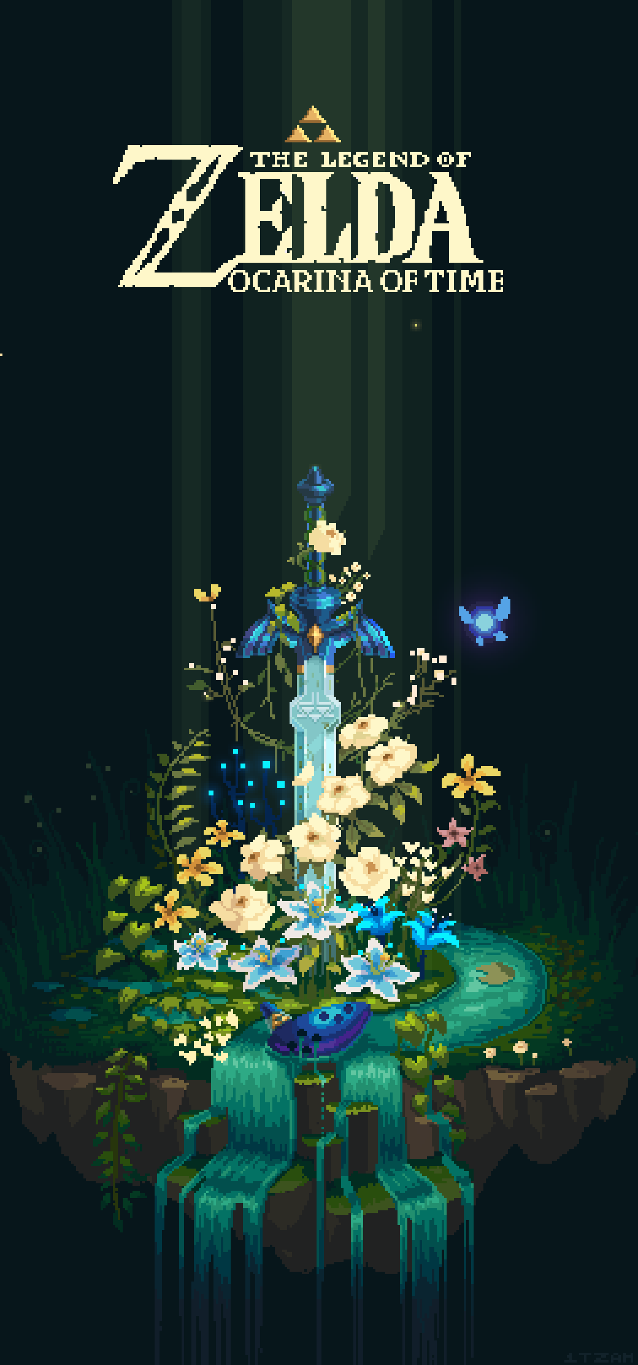 absurdres blue_flower fairy floating_island flower grass highres instrument itzah lily_pad master_sword navi no_humans ocarina petals pixel_art plant planted planted_sword scenery silent_princess sword the_legend_of_zelda the_legend_of_zelda:_ocarina_of_time vines water waterfall weapon white_flower yellow_flower