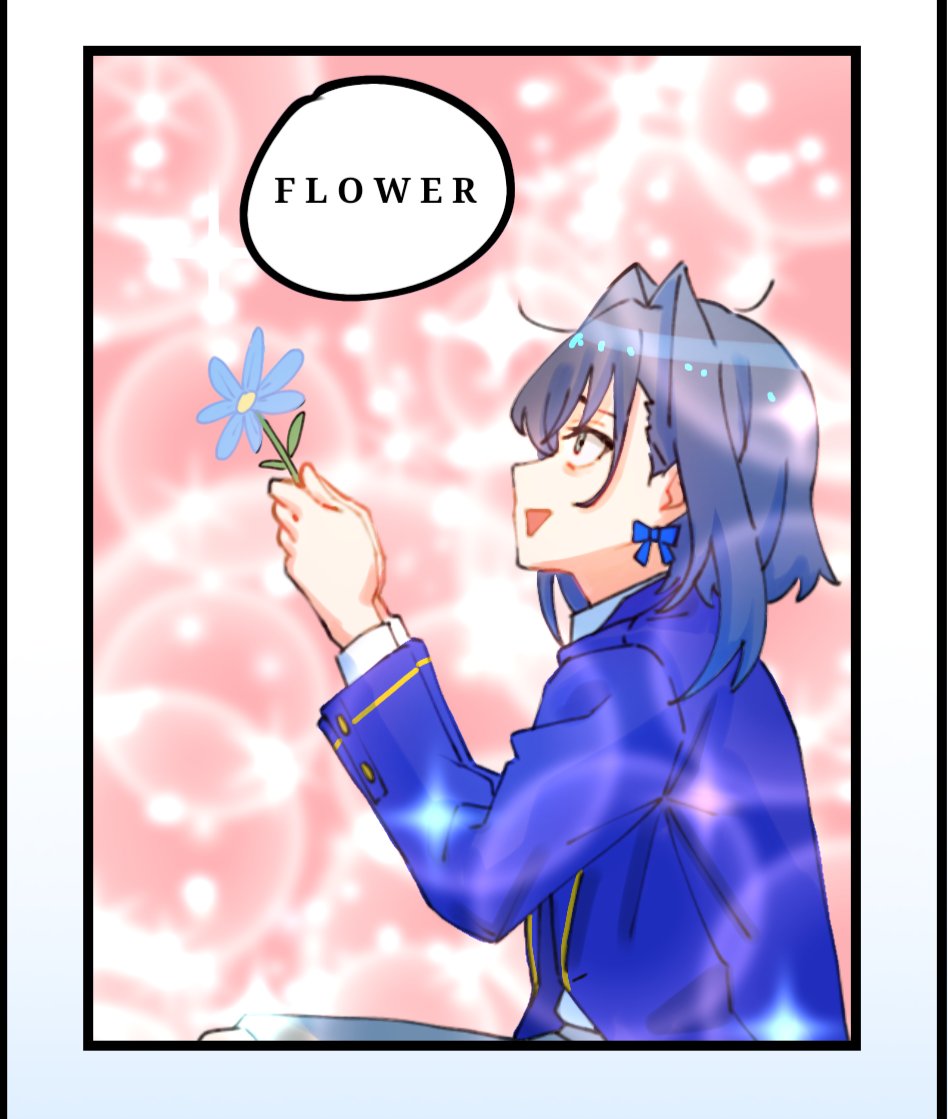 1girl blue_flower blue_hair blue_shirt english_commentary english_text flower hair_intakes holding holding_flower hololive hololive_english long_hair long_sleeves open_mouth shirt sidelocks smile solo speech_bubble virtual_youtuber white_shirt yellow_eyes yuutomeh