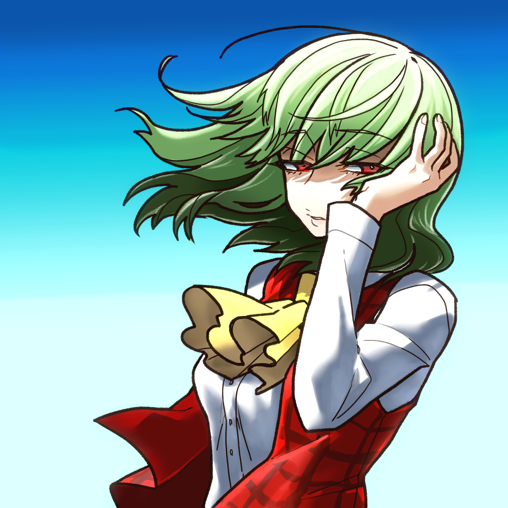 1girl ascot blue_background breasts buttons collared_shirt commentary_request expressionless gedougawa gradient_background green_hair half-closed_eyes hand_in_own_hair kazami_yuuka long_sleeves looking_at_viewer medium_breasts medium_hair open_mouth plaid plaid_vest red_eyes red_vest shirt solo touhou upper_body vest white_shirt yellow_ascot