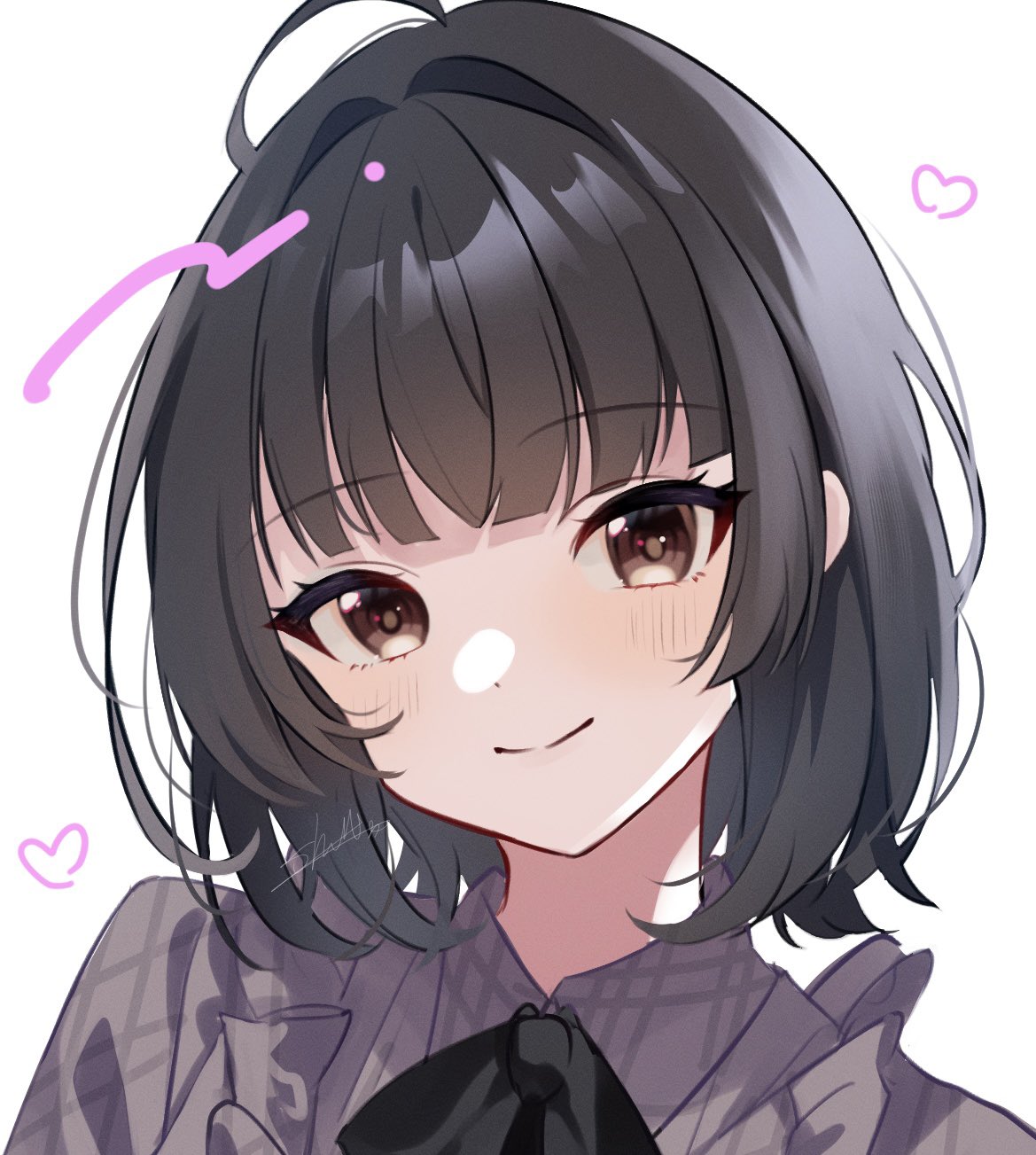 1girl alternate_hairstyle black_hair blush bob_cut commentary hair_intakes heart highres idolmaster idolmaster_shiny_colors looking_at_viewer mayuzumi_fuyuko portrait shu10 signature simple_background smile solo white_background