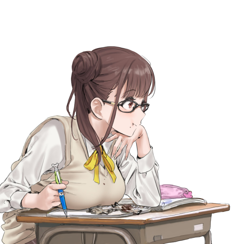 1girl book breast_rest breasts brown_eyes brown_hair chocolate chocolate_on_clothes chocolate_on_face collared_shirt desk double_bun food food_on_face glasses hair_bun hamedoragon hand_on_own_chin holding holding_pen idolmaster idolmaster_shiny_colors large_breasts open_book pen pencil_case ribbon school_desk school_uniform shirt simple_background sitting sleeveless sleeveless_sweater solo sonoda_chiyoko sweater twintails upper_body white_background white_shirt wrapper yellow_ribbon