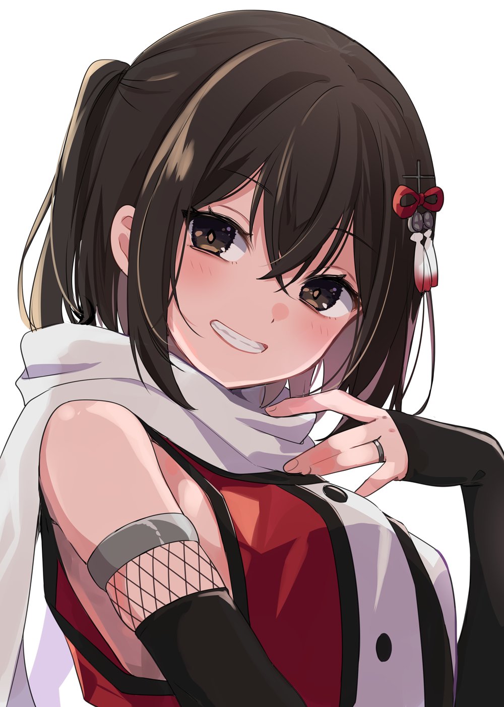 1girl black_gloves brown_eyes brown_hair crossed_bangs elbow_gloves fingerless_gloves gloves hair_between_eyes hair_ornament hairpin highres ica jewelry kantai_collection looking_at_viewer orange_shirt parted_lips ring scarf school_uniform sendai_(kancolle) sendai_kai_ni_(kancolle) serafuku shirt short_hair sleeveless sleeveless_shirt smile two_side_up upper_body wedding_ring white_background white_scarf