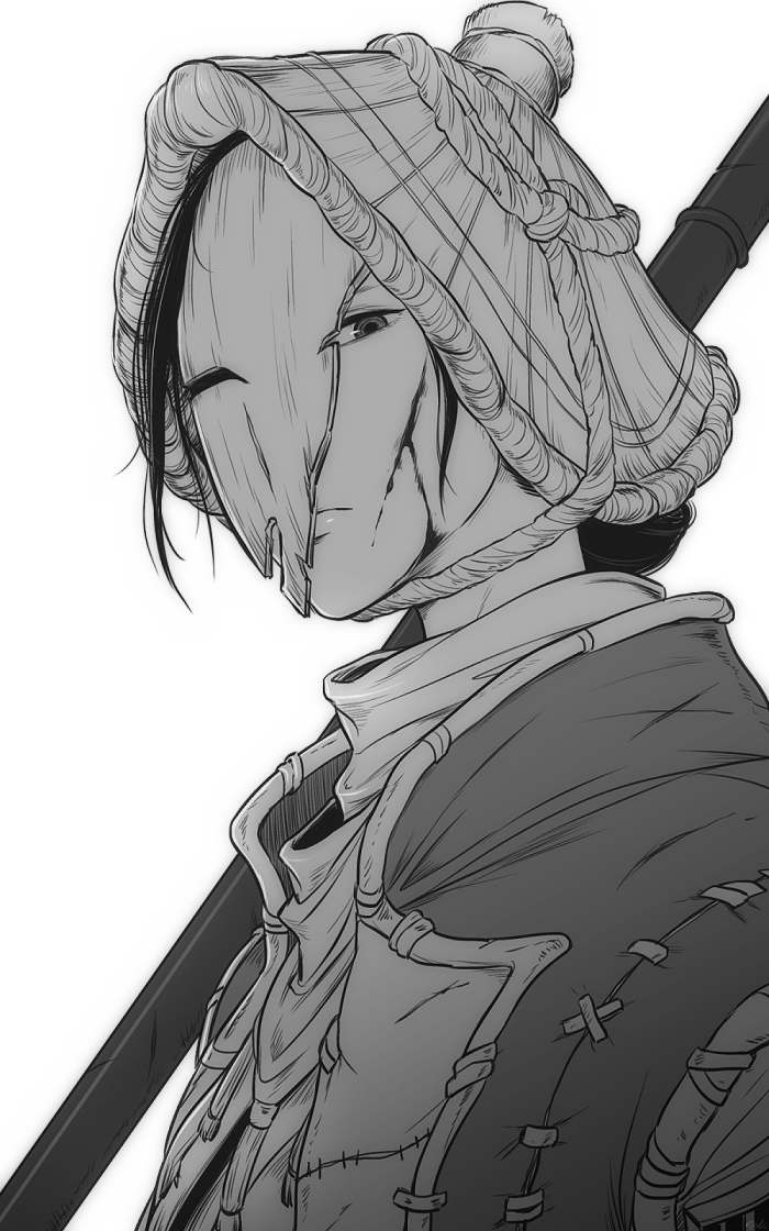 1boy bleeding blood broken_mask closed_mouth cuts expressionless for_honor greyscale hat injury japanese_clothes looking_at_viewer male_focus mask monochrome muu1519 nobushi_(for_honor) polearm samurai simple_background solo straw_hat upper_body weapon