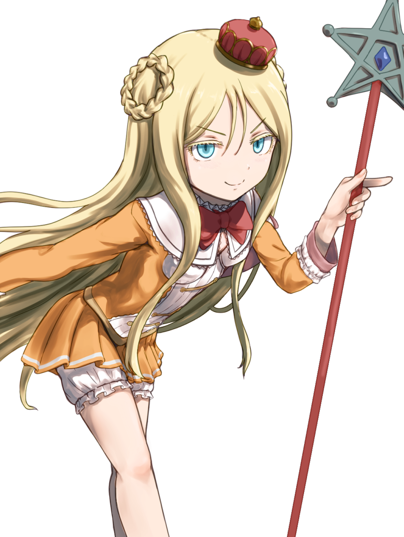 1girl blonde_hair blue_eyes character_request commentary_request cosplay genshiken hat long_hair looking_at_viewer magical_girl naughty_face otaku pointing pointing_forward ribbon susanna_hopkins very_long_hair wand white_background