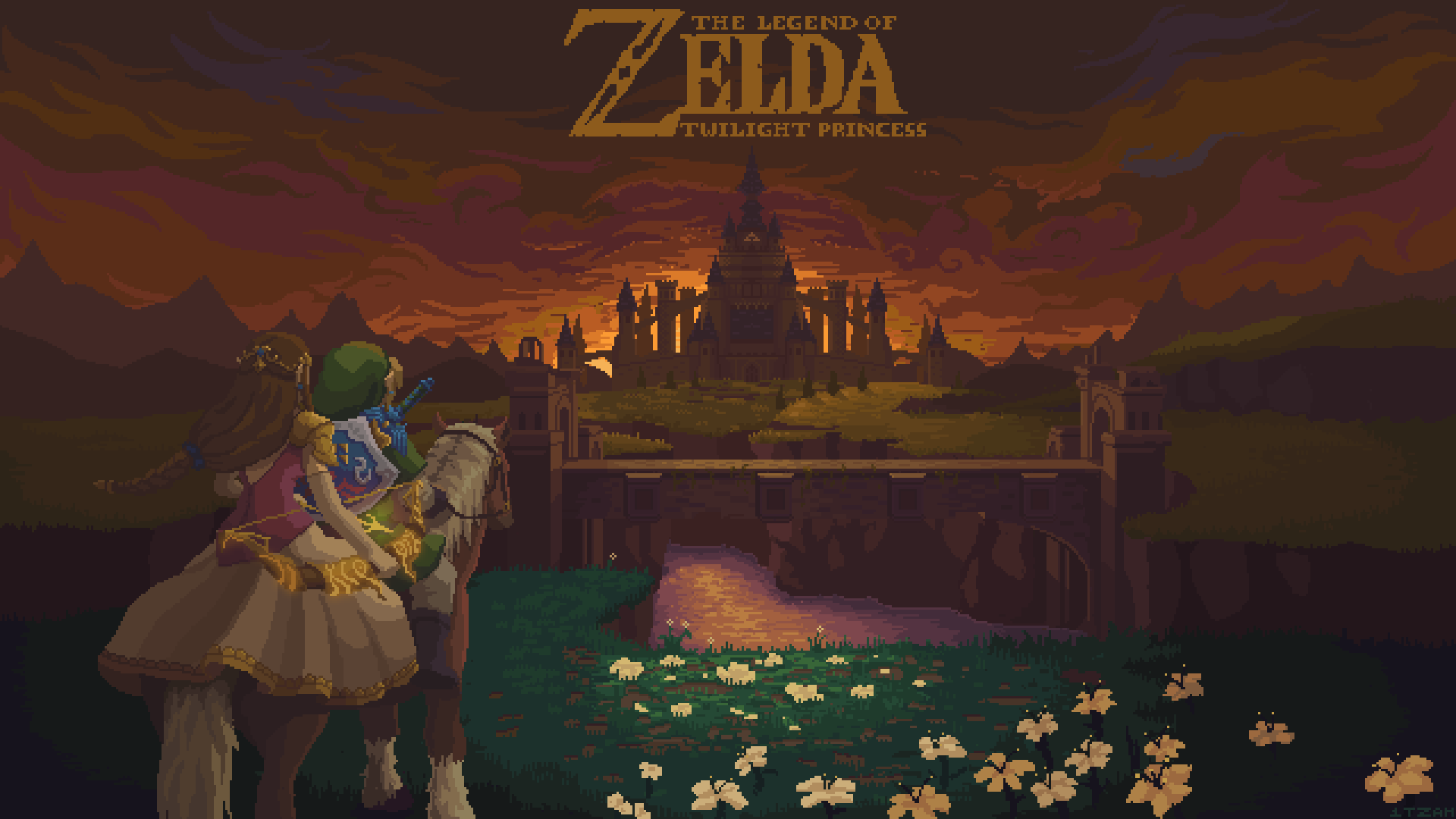 1boy 1girl bow_(weapon) bridge castle clouds cloudy_sky copyright_name english_text epona evening falling_leaves flower from_behind grass highres holding holding_bow_(weapon) holding_weapon horizon horse horseback_riding hylian_shield hyrule_castle itzah leaf link logo male_focus master_sword nature outdoors pixel_art princess_zelda riding scenery shield shield_on_back sky sword sword_on_back the_legend_of_zelda the_legend_of_zelda:_twilight_princess weapon weapon_on_back wind wind_lift