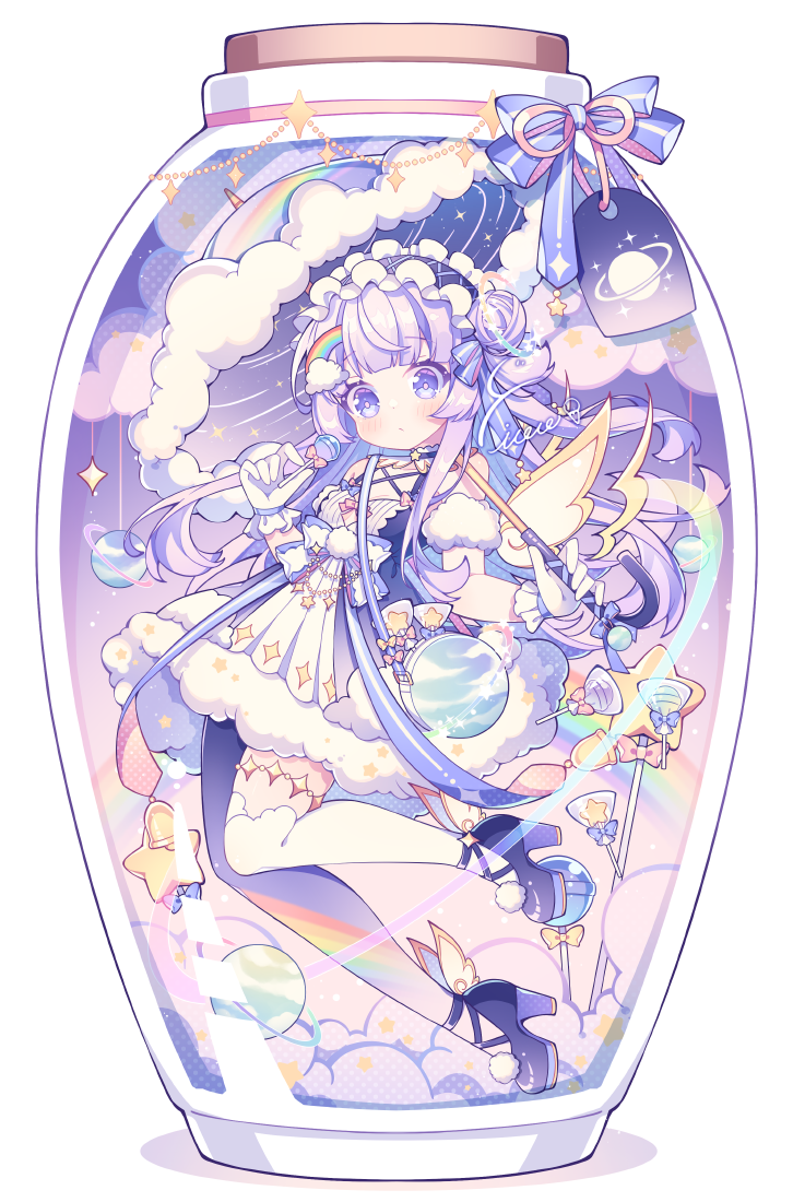 1girl bottle clouds floating frills gloves hair_ribbon headband high_heels holding holding_umbrella hyou_(pixiv3677917) original pastel_colors planet rainbow ribbon saturn_(planet) star_(symbol) thigh-highs umbrella violet_eyes white_hair white_thighhighs winged_footwear wings