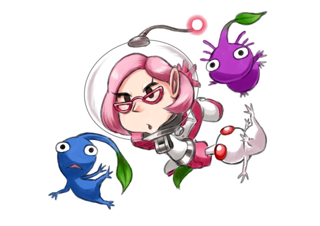 1girl alien backpack bag black_eyes blue_pikmin blue_skin brittany_(pikmin) colored_skin commentary_request creature eyelashes falling glasses gloves helmet holding holding_creature koaraymt leaf miniskirt open_mouth pikmin_(creature) pikmin_(series) pink-framed_eyewear pink_bag pink_gloves pink_hair pink_skirt pointy_ears purple_hair purple_pikmin purple_skin radio_antenna red_eyes short_hair skirt solid_oval_eyes space_helmet spacesuit triangle_mouth triangular_eyewear very_short_hair whistle white_pikmin white_skin