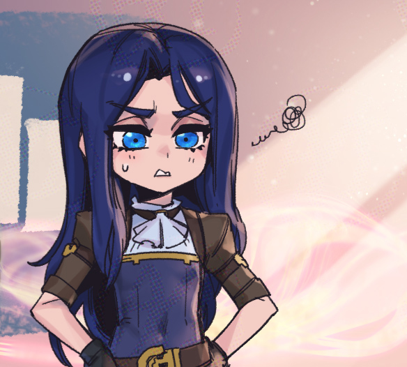 1girl aged_down annoyed ascot belt blue_eyes brown_belt caitlyn_(league_of_legends) flat_chest hands_on_own_hips league_of_legends long_hair multicolored_background phantom_ix_row purple_hair short_sleeves smile solo squiggle teeth upper_body