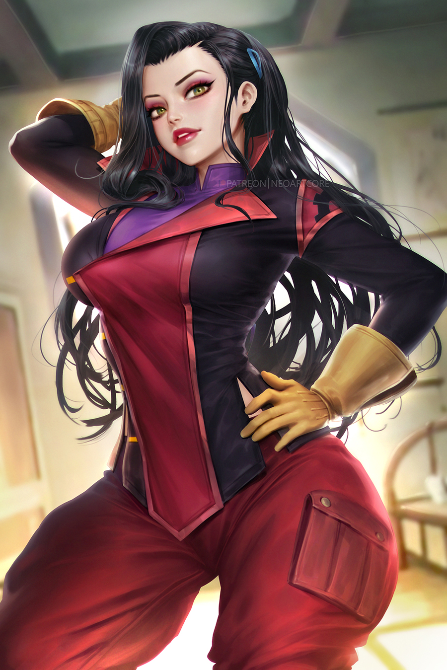 1girl arm_behind_head asami_sato avatar_legends black_hair black_jacket blurry blurry_background breasts collared_shirt gloves green_eyes hair_ornament hairclip hand_on_own_hip highres indoors jacket long_hair looking_at_viewer multicolored_clothes multicolored_jacket neoartcore pants pocket popped_collar purple_shirt red_lips red_pants shirt solo the_legend_of_korra yellow_gloves