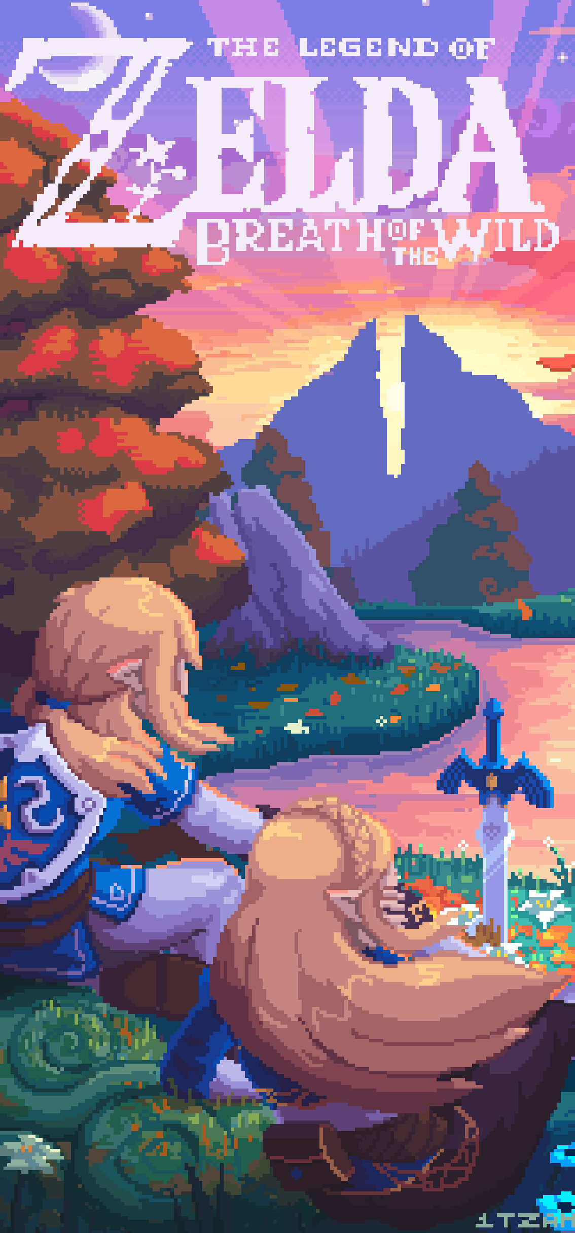 1boy 1girl absurdres artist_name blonde_hair braid champion's_tunic_(zelda) copyright_name crescent_moon english_text falling_leaves flower french_braid from_behind gradient_sky grass highres hylian_shield itzah leaf link logo long_hair master_sword moon mountain outdoors pixel_art planted planted_sword pointy_ears princess_zelda shield shield_on_back short_hair sitting sky sunset sword the_legend_of_zelda the_legend_of_zelda:_breath_of_the_wild tree triforce triforce_print weapon white_flower wind