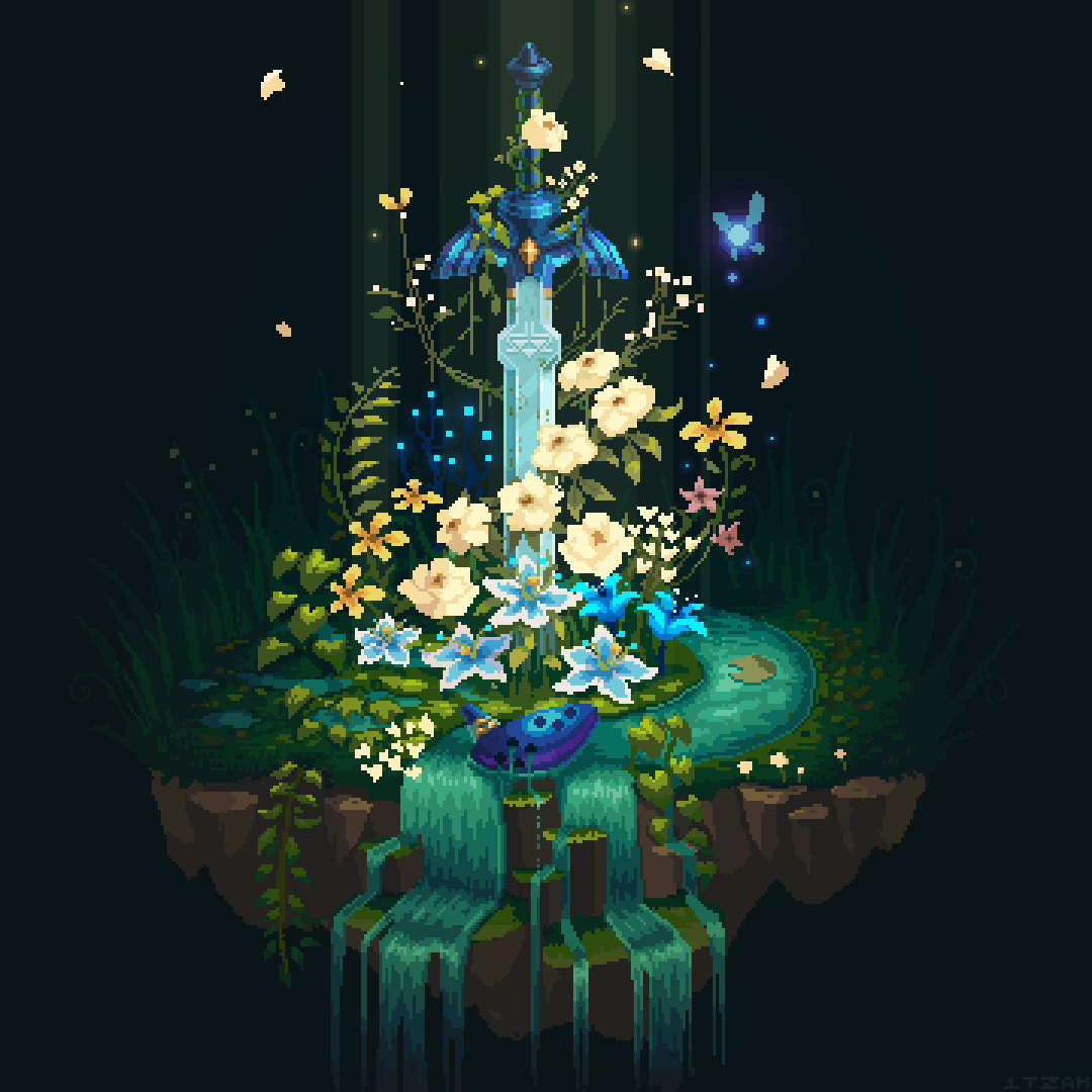 blue_flower fairy floating_island flower grass instrument itzah lily_pad master_sword navi no_humans ocarina petals pixel_art plant planted planted_sword scenery silent_princess sword the_legend_of_zelda the_legend_of_zelda:_ocarina_of_time vines water waterfall weapon white_flower yellow_flower