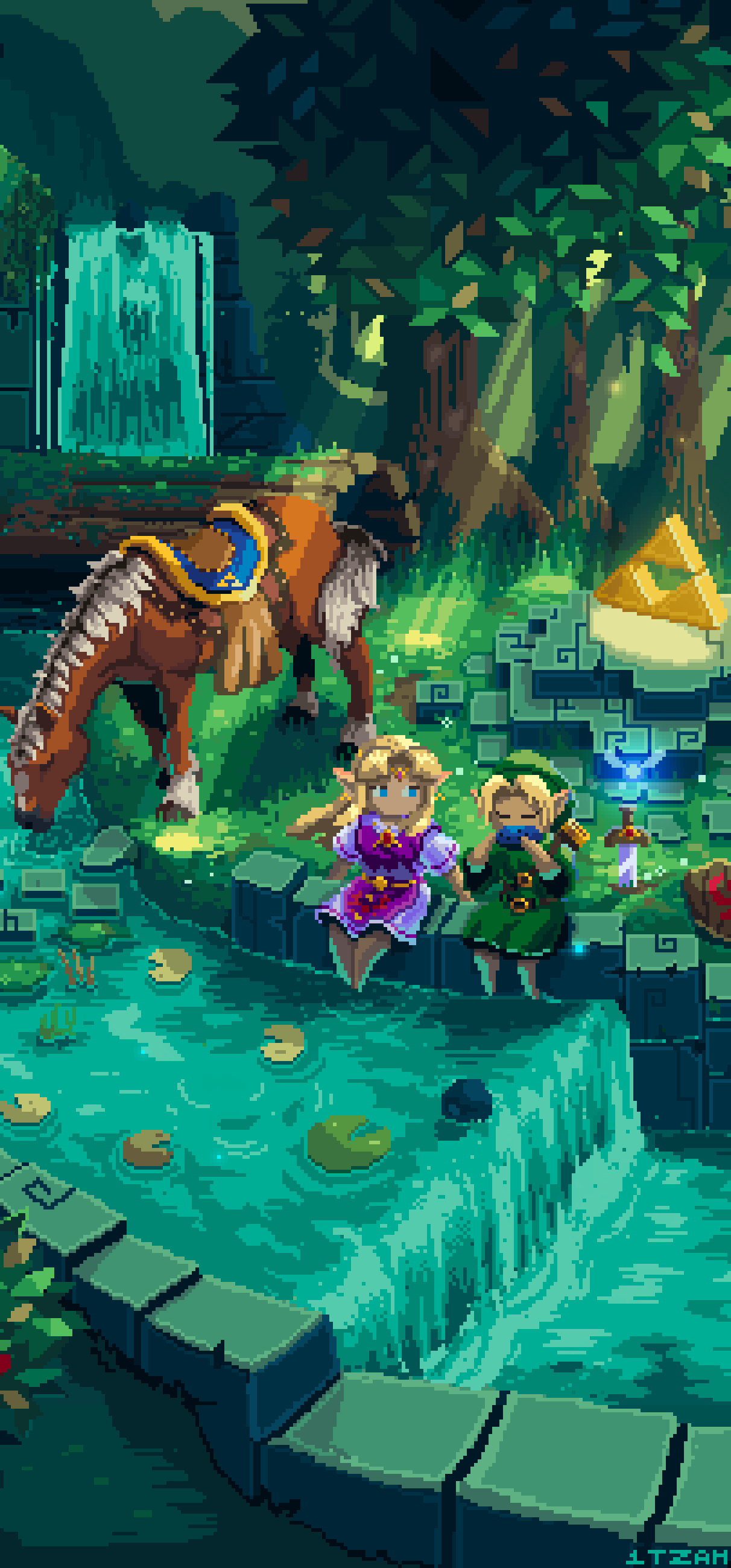 1boy 1girl absurdres animal artist_name blinking blonde_hair blue_eyes closed_eyes deku_shield dress english_text epona fairy green_tunic heads-up_display heart highres holding holding_instrument horse instrument itzah leaf light_rays lily_pad link log long_hair music navi ocarina outdoors partially_submerged pixel_art planted planted_sword playing_instrument pointy_ears princess_zelda purple_dress saddle shield sitting sunbeam sunlight sword the_legend_of_zelda the_legend_of_zelda:_ocarina_of_time tree triforce water weapon wooden_shield