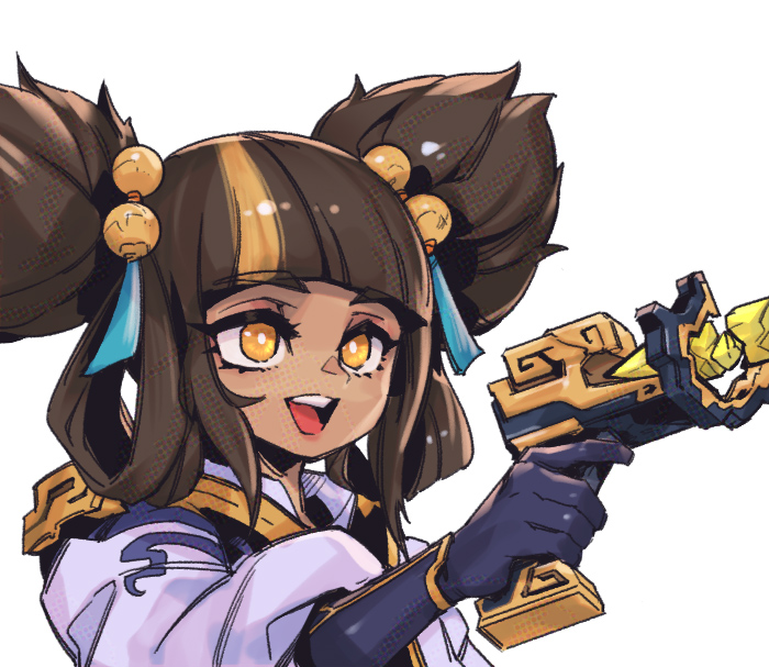 1girl :d black_gloves blonde_hair blunt_bangs brown_hair gloves gun hand_up holding holding_gun holding_weapon immortal_journey_zeri jacket league_of_legends long_sleeves official_alternate_costume orange_eyes phantom_ix_row simple_background smile solo twintails upper_body weapon white_background white_jacket zeri_(league_of_legends)