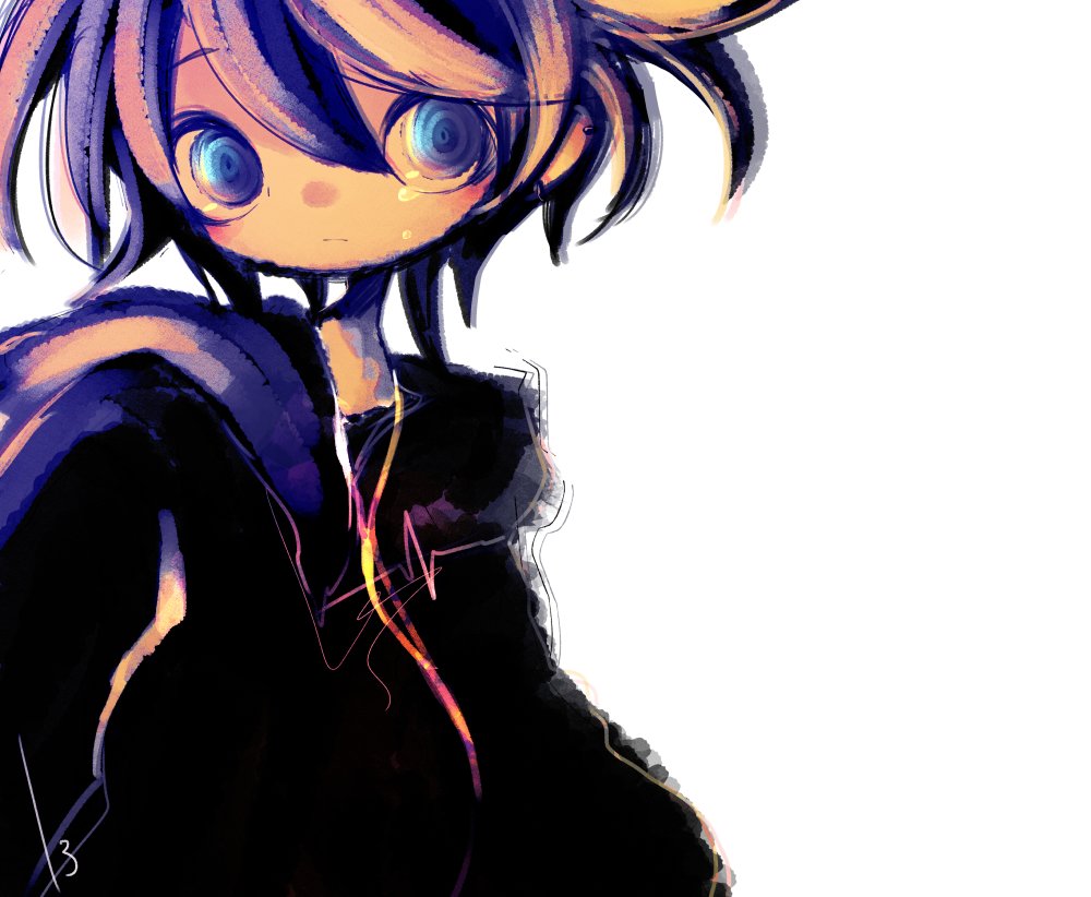 13_31n 1girl :/ androgynous black_hoodie blue_eyes blush closed_mouth commentary_request crying crying_with_eyes_open flower_(vocaloid) flower_(vocaloid4) hood hood_down hoodie limited_palette long_sleeves looking_at_viewer multicolored_eyes negative_space raised_eyebrows short_hair signature simple_background solo tears upper_body violet_eyes vocaloid white_background wide-eyed