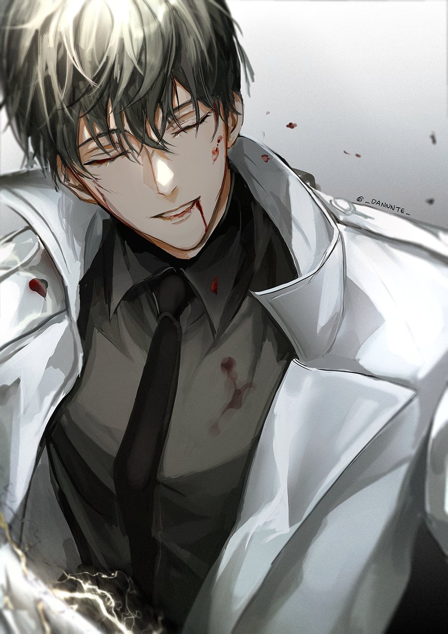 1boy black_hair black_shirt blood blood_from_mouth closed_eyes coat collared_coat collared_shirt dante_(_dannnte_) gradient_background highres light_smile long_sleeves male_focus omniscient_reader's_viewpoint shirt solo teeth twitter_username upper_body white_coat