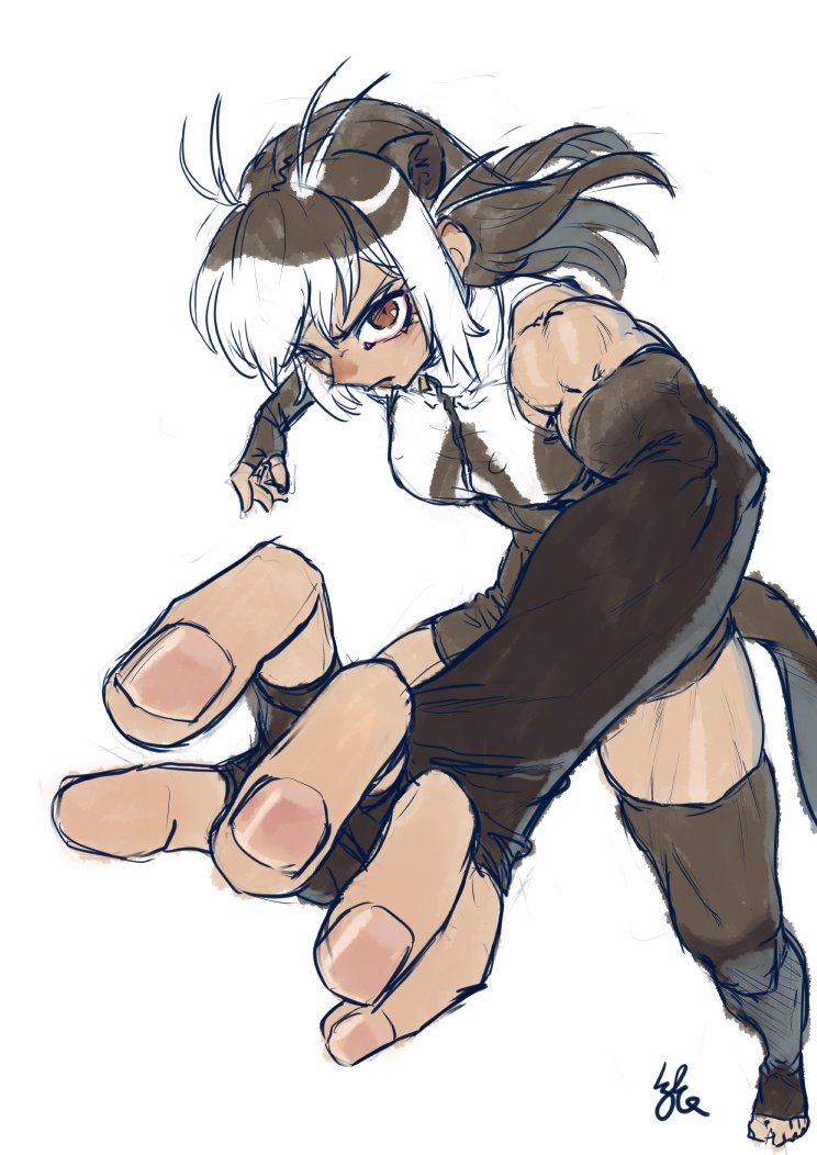 1girl animal_ears antenna_hair arms_up bare_shoulders brown_eyes brown_gloves brown_hair brown_thighhighs closed_mouth elbow_gloves extra_ears eyelashes fingerless_gloves fingernails floating_hair foreshortening front_zipper_swimsuit full_body giant_otter_(kemono_friends) gloves kemono_friends kishida_shiki long_hair looking_at_viewer meme_attire multicolored_hair one-piece_swimsuit otter_ears otter_girl otter_tail signature simple_background solo swimsuit tail tan thigh-highs toeless_legwear toned turtleneck turtleneck_swimsuit two-tone_hair two-tone_swimsuit v-shaped_eyebrows white_background white_hair zipper zipper_pull_tab