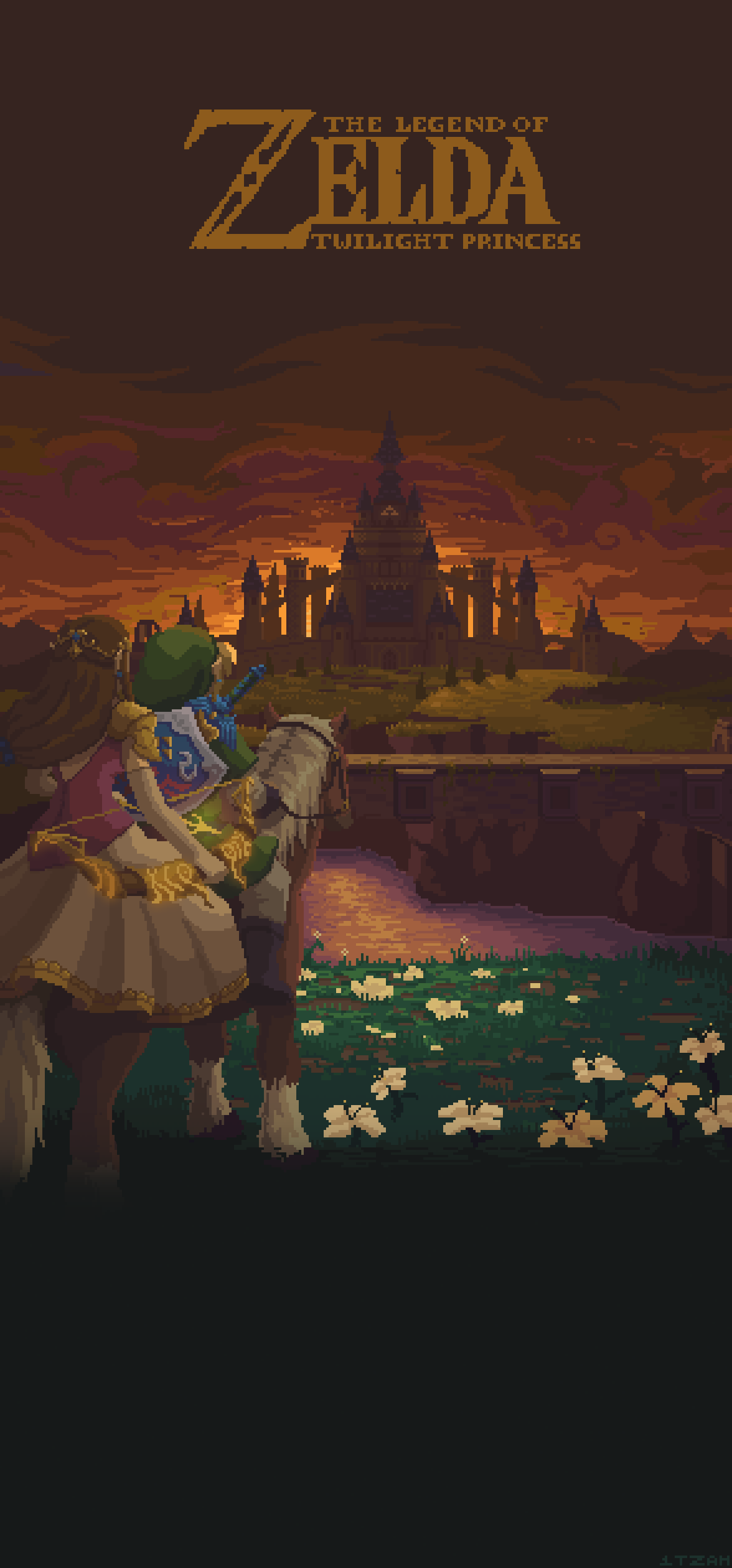 1boy 1girl absurdres bow_(weapon) bridge castle clouds cloudy_sky copyright_name english_text epona evening falling_leaves flower from_behind grass highres holding holding_bow_(weapon) holding_weapon horizon horse horseback_riding hylian_shield hyrule_castle itzah leaf link logo male_focus master_sword nature outdoors pixel_art princess_zelda riding scenery shield shield_on_back sky sword sword_on_back the_legend_of_zelda the_legend_of_zelda:_twilight_princess weapon weapon_on_back wind wind_lift