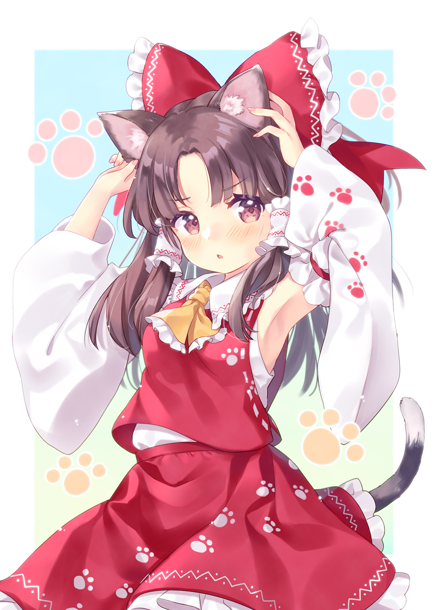 1girl animal_ears arm_up armpits blush bow brown_hair cat_ears cat_tail detached_sleeves dress hair_bow hakurei_reimu long_hair mimi_(mimi_puru) open_mouth red_bow red_dress solo tail touhou violet_eyes white_sleeves