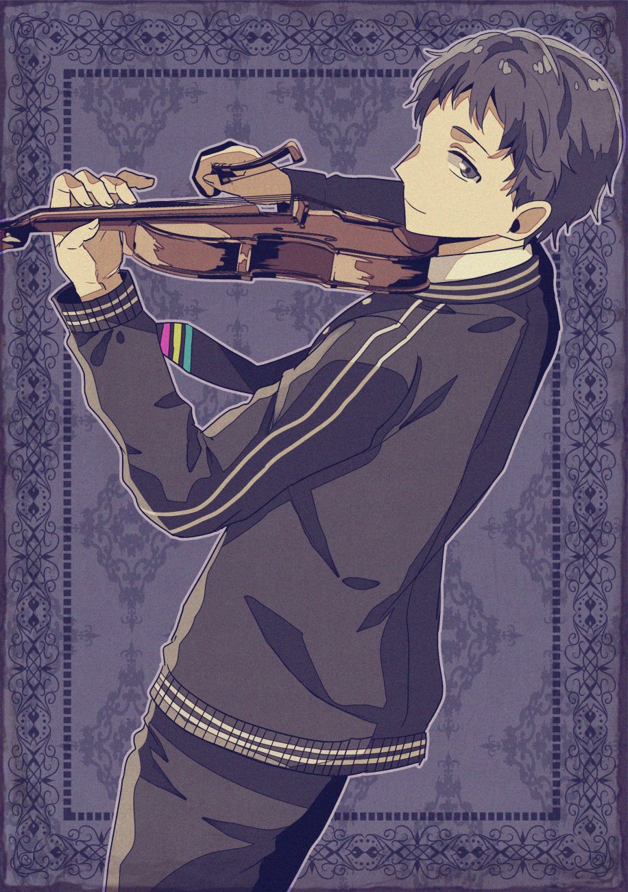 1boy black_hair black_jacket black_necktie black_pants blue_eyes bow_(music) closed_mouth collared_shirt commentary_request dutch_angle haniwa_kyoya highres instrument jacket looking_at_viewer messy_hair music necktie nijisanji open_clothes open_jacket ornate outline pants playing_instrument school_uniform seraph_dazzlegarden shirt smile solo violin virtual_talent_academy_uniform virtual_youtuber white_outline white_shirt