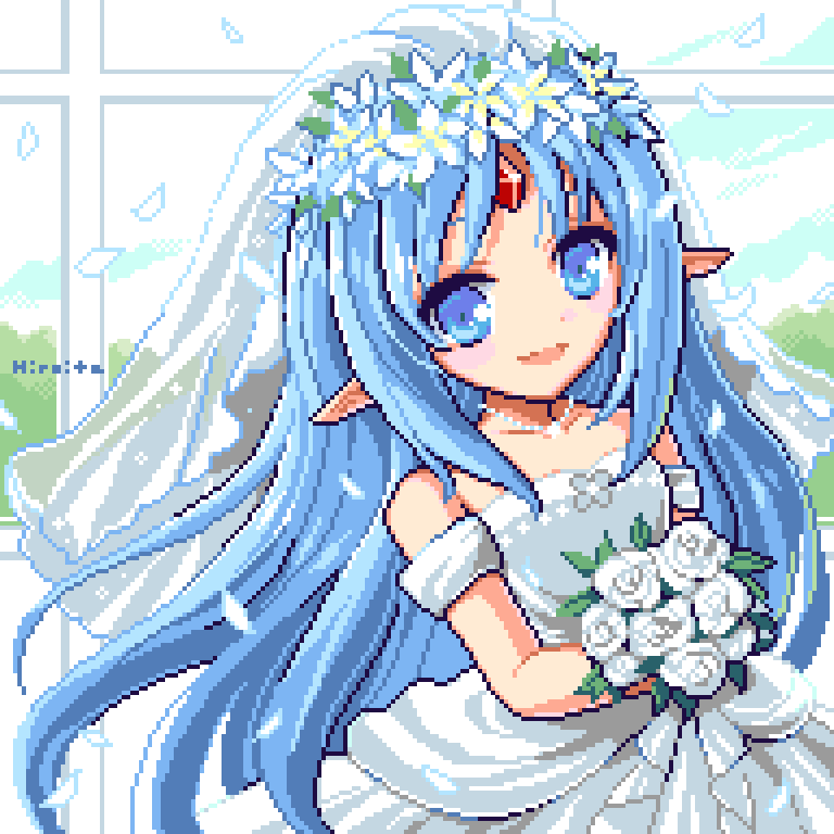 1girl blue_eyes blue_hair bouquet bridal_veil dress flower forehead_jewel head_wreath hiroita holding holding_bouquet jewelry looking_at_viewer necklace pixel_art pointy_ears rance_(series) reset_kalar smile solo veil wedding_dress white_dress white_flower