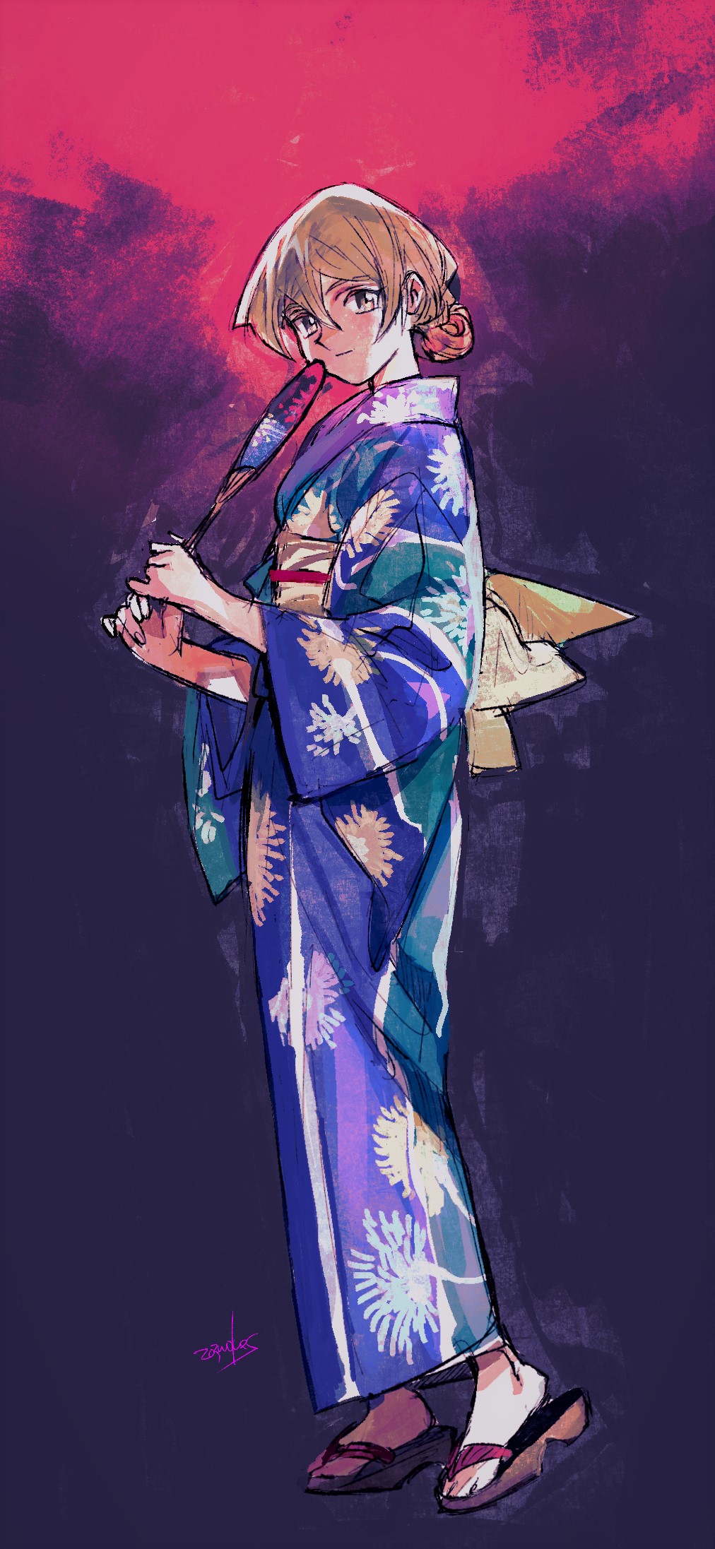 1girl 203wolves alternate_costume alternate_hairstyle blonde_hair blue_kimono closed_mouth from_side full_body hair_between_eyes hand_fan highres holding holding_fan japanese_clothes kimono long_hair long_sleeves looking_at_viewer looking_to_the_side obi okobo print_kimono sandals sash solo standing tenjouin_asuka wide_sleeves yellow_eyes yellow_sash yu-gi-oh! yu-gi-oh!_gx yukata