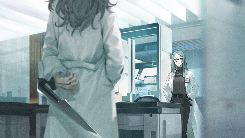 2girls :d arm_behind_back arm_blade artist_request belt black-framed_eyewear black_belt blue_hair blurry breasts chair chest_belt coat depth_of_field desk game_cg girls_frontline glass glasses green_eyes grey_hair grey_pants grey_sweater hair_ornament hairclip hand_in_pocket hands_in_pockets hidden_weapon id_card indoors lab_coat lady_gray_(girls'_frontline) light_blue_hair lightning_bolt_symbol long_hair long_sleeves looking_at_another medium_breasts multiple_girls nele_(girls'_frontline) office official_art open_clothes open_coat open_mouth pants paradeus semi-rimless_eyewear smile spoilers standing sweater turtleneck turtleneck_sweater watch watch weapon white_coat