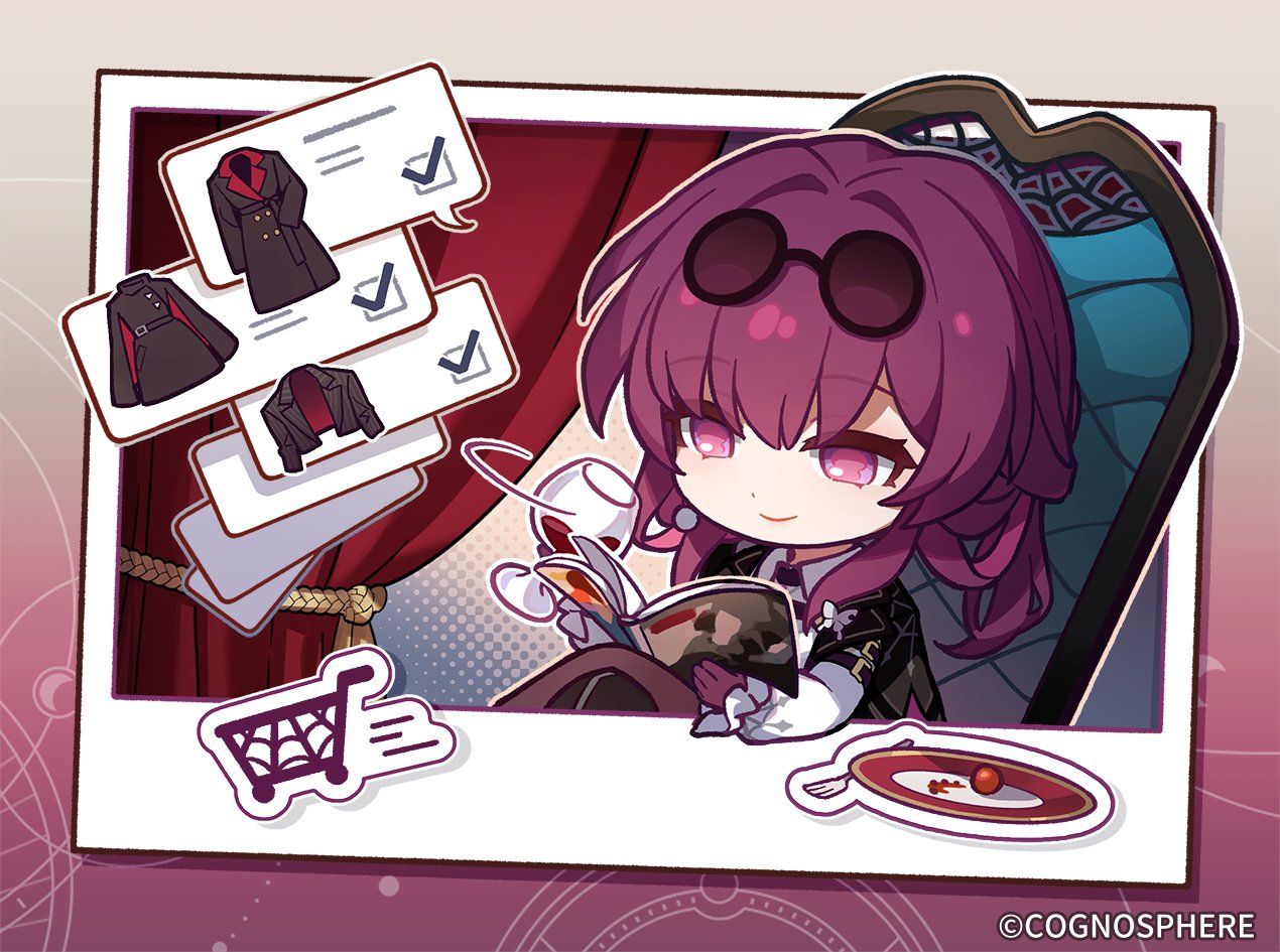 1girl chair chibi closed_mouth copyright_name crossed_legs cup drinking_glass earrings holding holding_cup honkai:_star_rail honkai_(series) jewelry kafka_(honkai:_star_rail) magazine_(object) official_art ponytail purple_hair shopping sitting smile solo upper_body violet_eyes wine_glass