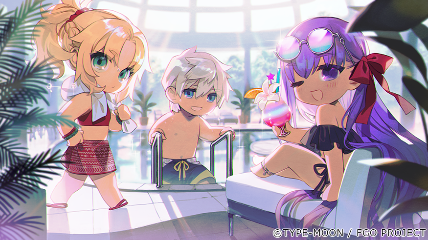 1boy 2girls :d alternate_costume anklet arm_at_side bare_shoulders bb_(fate) bikini black_bikini blonde_hair blue_eyes blue_male_swimwear blue_towel blurry bracelet braid chair chibi closed_mouth cocktail company_name copyright copyright_name cup depth_of_field drink drinking_glass drinking_straw eyewear_on_head fate/grand_order fate_(series) flower flower_in_drink food fruit gradient-tinted_eyewear green_eyes grey-framed_eyewear hair_ornament hair_ribbon hair_scrunchie hand_on_own_hip hand_up hands_up hibiscus holding holding_cup holding_drink holding_towel hurricane_glass indoors jewelry light_blush light_rays long_hair looking_at_viewer looking_back looking_to_the_side lounge_chair male_swimwear mordred_(fate) multiple_girls off-shoulder_bikini off_shoulder official_art on_chair one_eye_closed open_mouth orange_(fruit) orange_slice parted_bangs percival_(fate) plant ponytail pool pool_ladder poolside potted_plant print_sarong purple_hair red_bikini red_footwear red_ribbon red_sarong red_scrunchie ribbon sandals sarong scrunchie short_hair side-tie_bikini_bottom sitting sitting_on_hair smile sports_bikini star_(symbol) sunbeam sunglasses sunlight swim_trunks swimsuit taa_(acid) topless_male towel towel_around_neck very_long_hair violet_eyes walking water water_drop white_flower white_hair