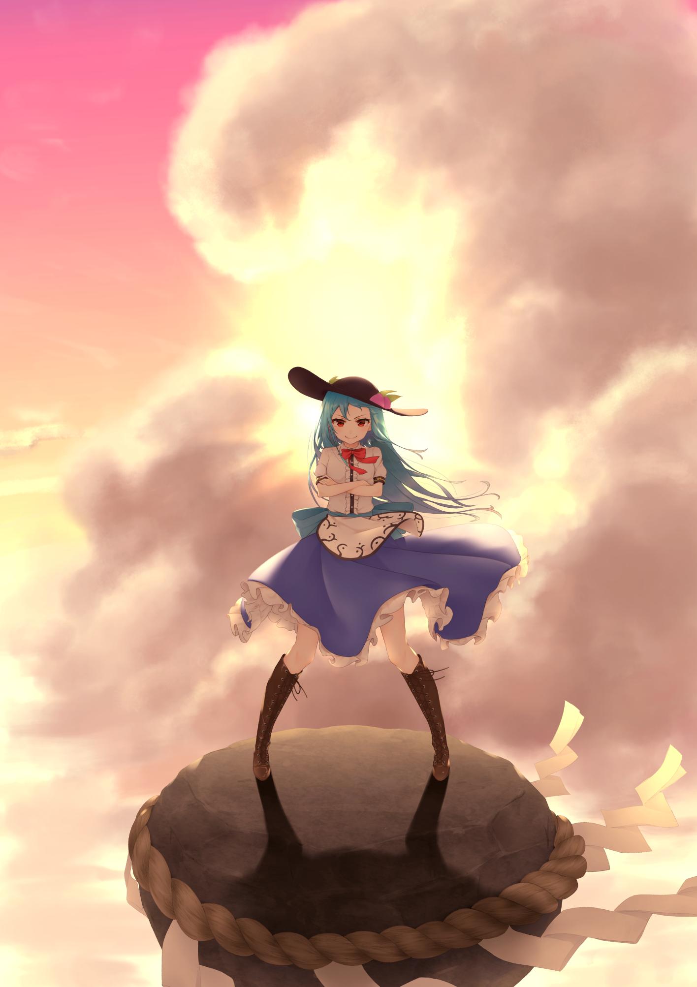 1girl black_headwear blue_hair blue_skirt boots bow bowtie brown_footwear closed_mouth clouds commentary crossed_arms food frilled_skirt frills fruit highres hinanawi_tenshi kanpa_(campagne_9) keystone long_hair looking_at_viewer outdoors peach red_bow red_bowtie red_eyes rope shimenawa shirt short_sleeves skirt smile solo touhou white_shirt
