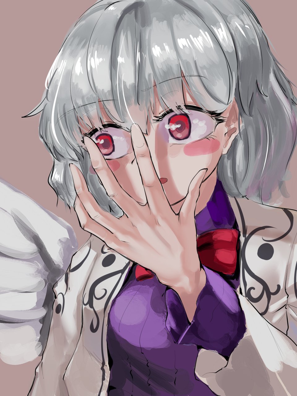 1girl blush bow bowtie covering_mouth fingernails grey_hair gunnjou_yosio hand_over_own_mouth highres jacket kishin_sagume looking_to_the_side nervous open_mouth purple_shirt red_bow red_bowtie red_eyes shirt short_hair simple_background single_wing solo touhou white_wings wings