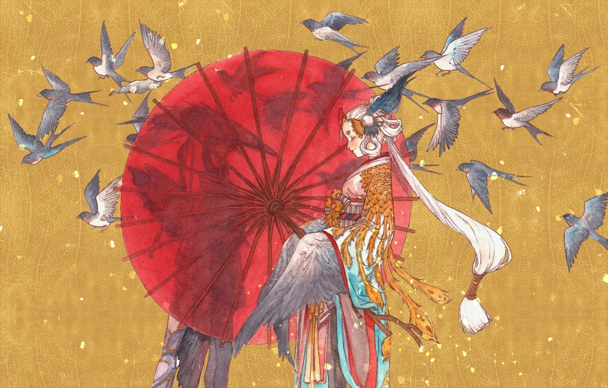 2girls animal bell bird bird_mask closed_mouth dual_persona facing_ahead feathered_wings feet_out_of_frame flock from_side grey_wings hair_fan hair_rings hair_tubes head_wings holding holding_umbrella japanese_clothes jingle_bell kimono long_hair low-tied_long_hair mask multiple_girls obi oil-paper_umbrella onmyoji painting_(medium) ponytail profile sash silhouette smile songshu_work standing traditional_media ubume_(onmyoji) umbrella very_long_hair watercolor_(medium) white_hair winged_arms wings yellow_background