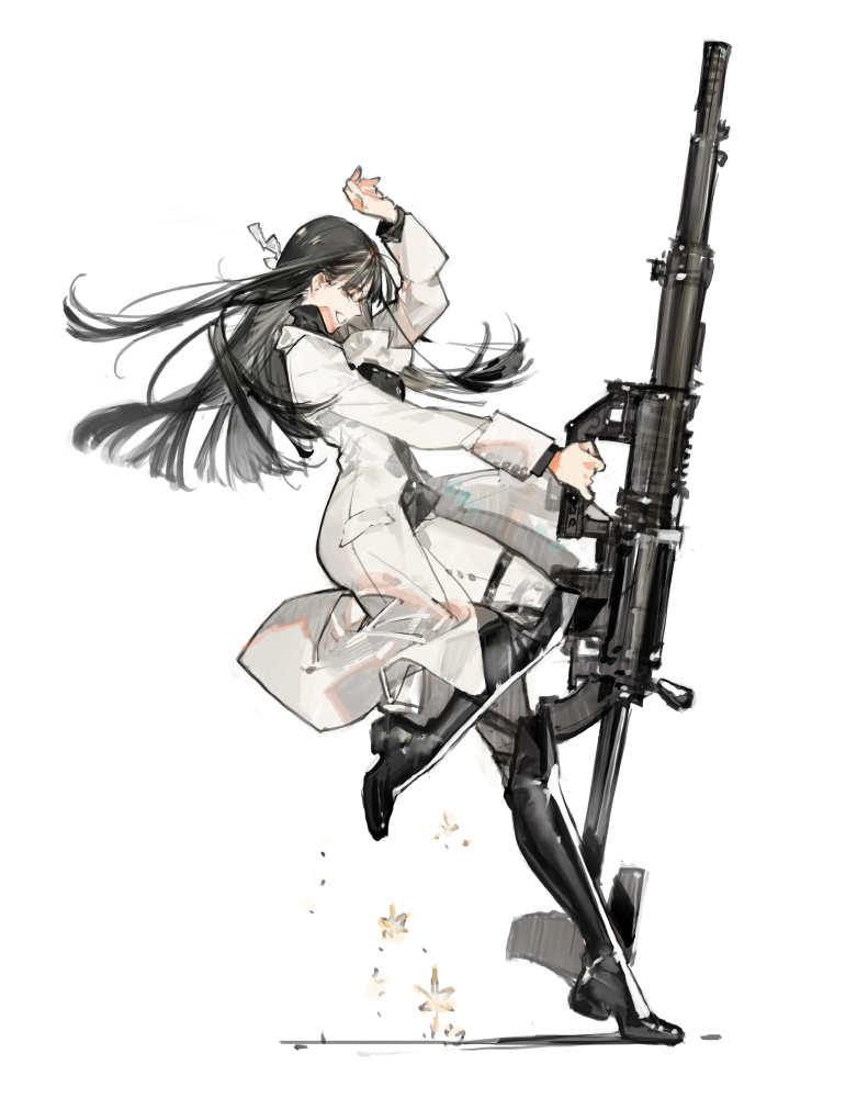 1girl arm_up belt black_belt black_footwear black_hair boots character_request closed_eyes copyright_request full_body holding holding_weapon jacket long_hair long_sleeves pants sidelocks simple_background smile solo standing standing_on_one_leg starshadowmagician thigh_boots weapon white_background white_jacket white_pants