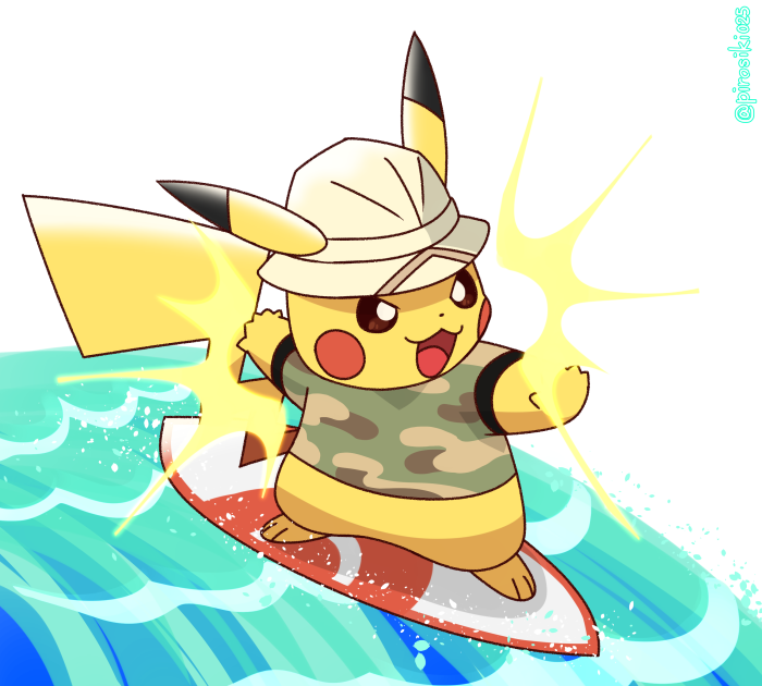 animal_focus brown_eyes camouflage camouflage_shirt clothed_pokemon dot_nose ears_through_headwear hat open_mouth outstretched_arms pikachu pirosiki025 pokemon pokemon_(creature) shirt short_sleeves solo surfboard surfing twitter_username water waves white_headwear