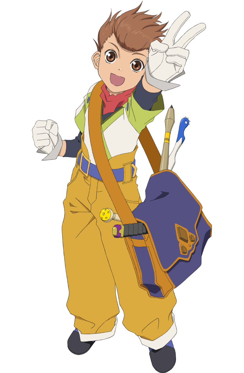 1boy bag brown_hair child english_commentary full_body gloves highres karol_capel male_focus official_art open_mouth shoes shoulder_bag smile solo tales_of_(series) tales_of_asteria tales_of_vesperia transparent_background v white_gloves