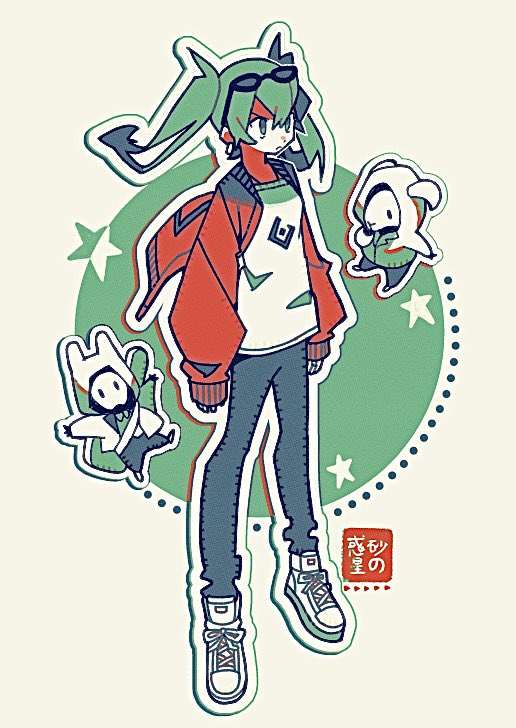 1girl closed_mouth eyewear_on_head full_body green_hair hair_between_eyes hatsune_miku hood hood_up instrument_case jacket long_hair long_sleeves open_clothes open_jacket pants red_jacket shirt shoes sneakers song_name star_(symbol) suna_no_wakusei_(vocaloid) sunglasses tenteko_mai51 twintails vocaloid