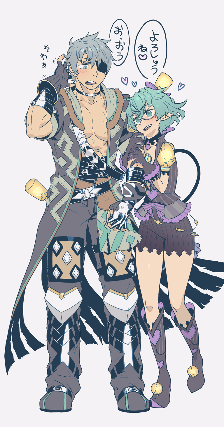 1boy 1girl :d abs arm_behind_head arm_grab black_choker black_gloves boots choker coat core_crystal_(xenoblade) eyepatch fingerless_gloves full_body glasses gloves green_eyes green_hair grey_background grey_coat grey_footwear grey_hair grey_pants heart hetero highres jacket looking_at_another muscular muscular_male natto_soup open_mouth pandoria_(xenoblade) pants purple_footwear purple_jacket purple_shorts short_hair short_sleeves shorts smile standing tail teeth upper_teeth_only xenoblade_chronicles_(series) xenoblade_chronicles_2 zeke_von_genbu_(xenoblade)