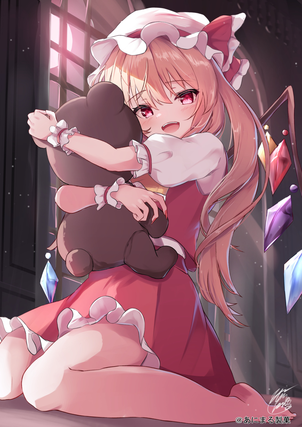 1girl barefoot blonde_hair blush crystal fingernails flandre_scarlet hair_between_eyes hat highres long_fingernails long_hair mob_cap nail_polish niko_kusa one_side_up open_mouth red_eyes red_nails red_skirt red_vest sharp_fingernails skirt smile solo stuffed_animal stuffed_toy teddy_bear touhou vest white_headwear wings wrist_cuffs